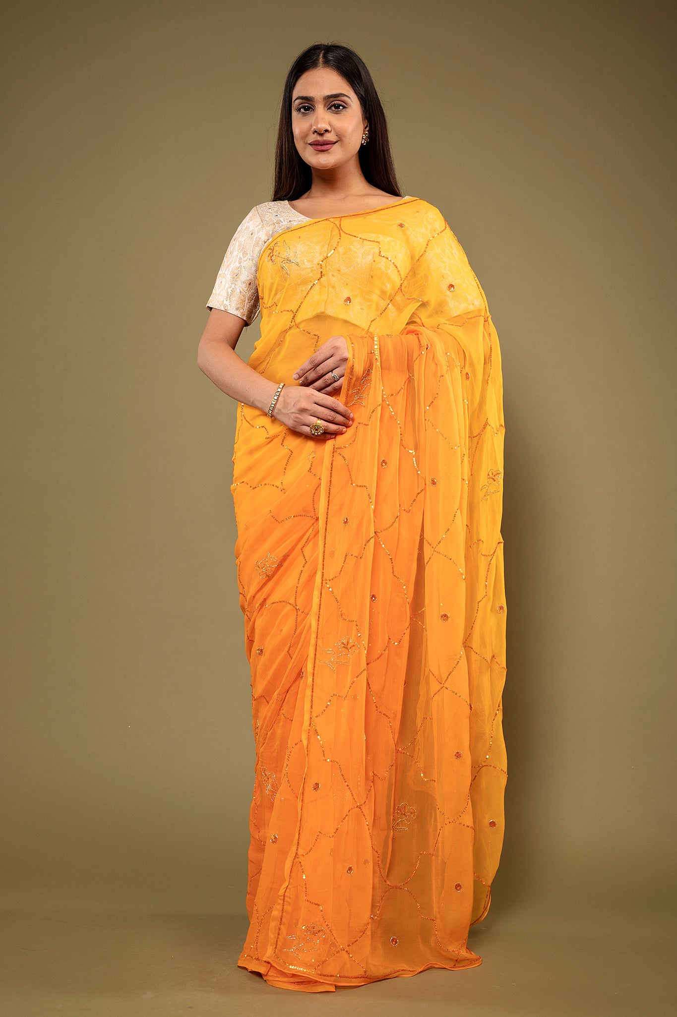 Orange light dark viscose chiffon sequins handwork casual wear saree