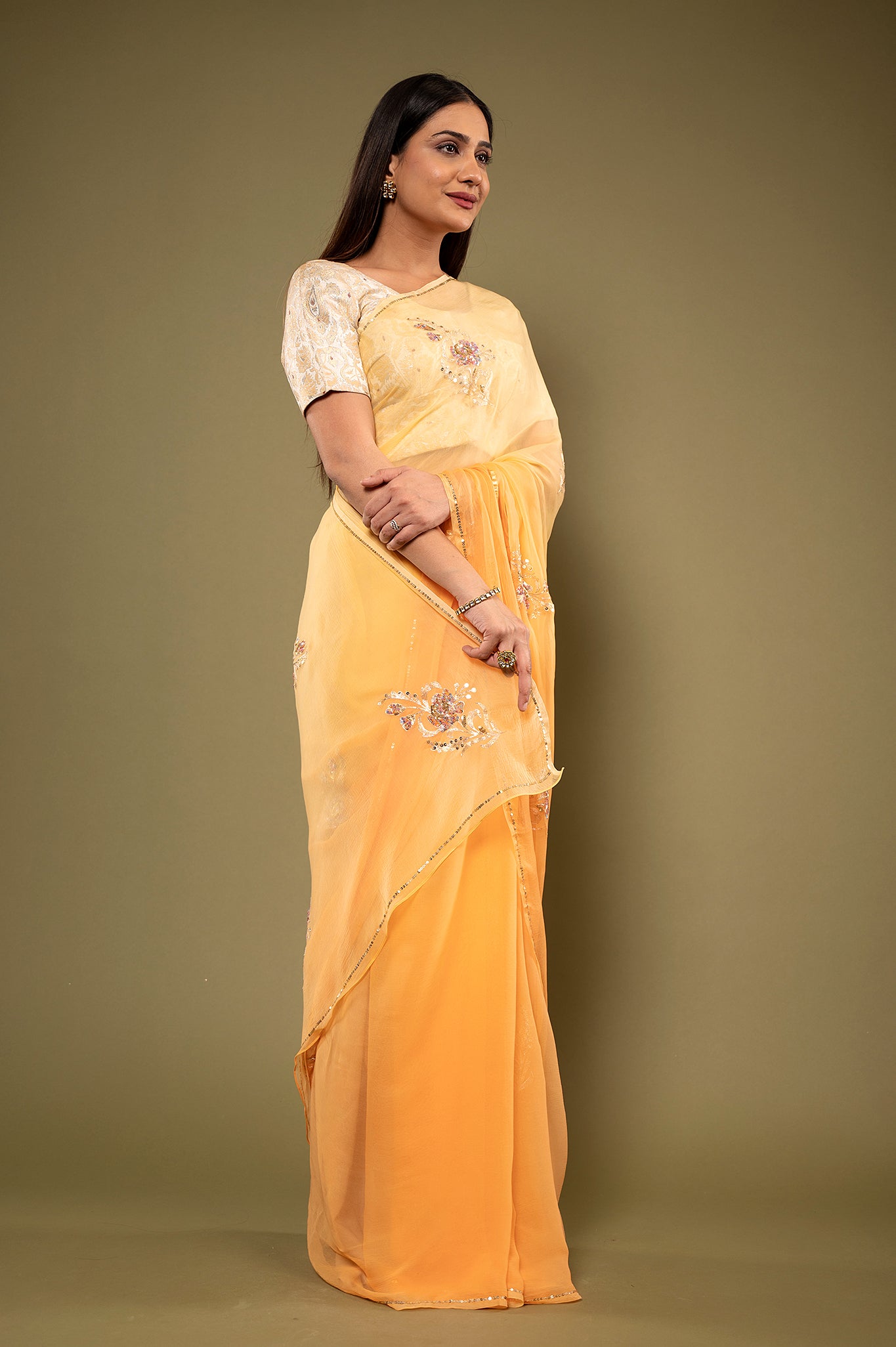 Peach light dark viscose chiffon aari sequins motif handwork casual wear saree
