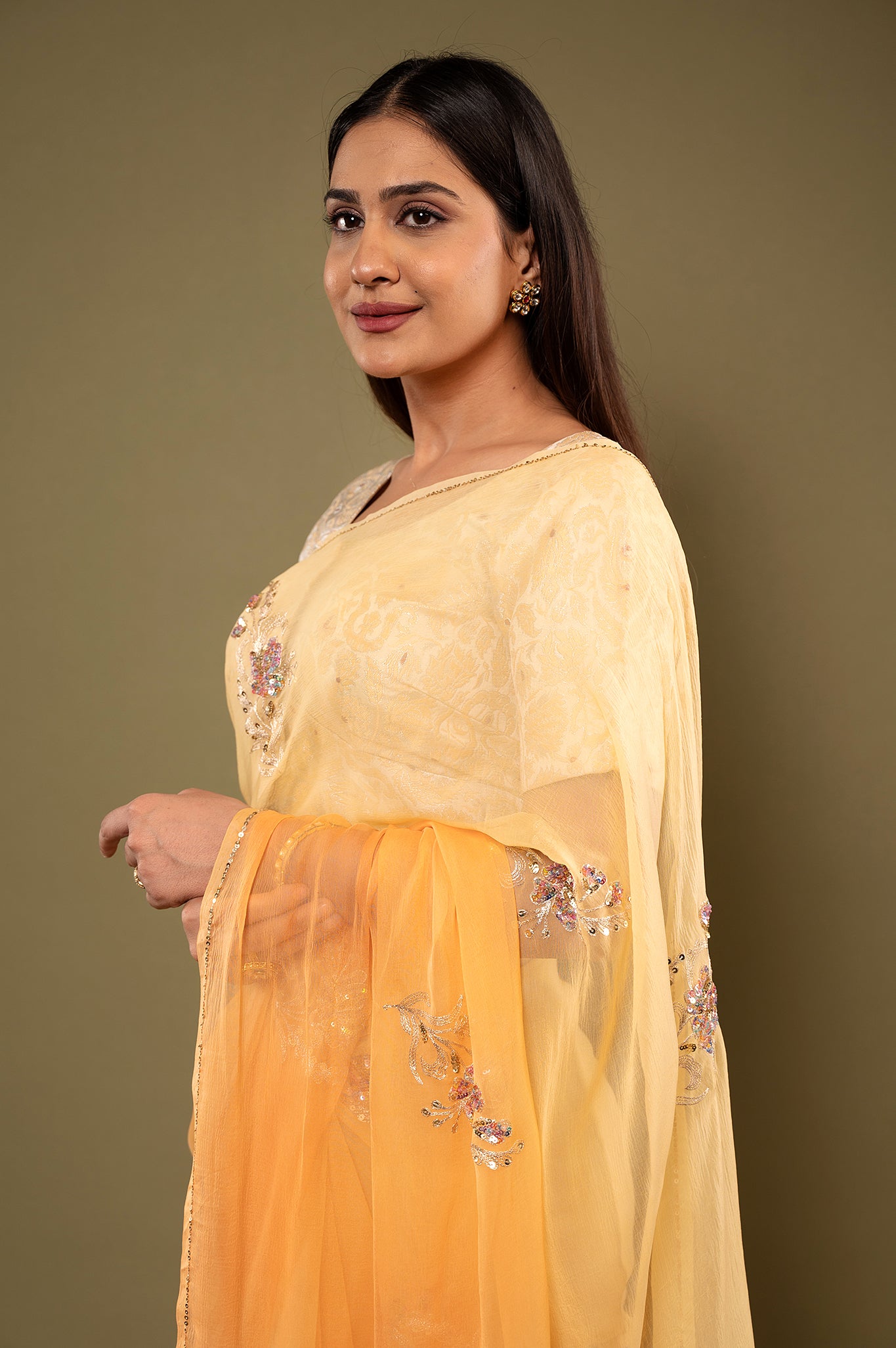 Peach light dark viscose chiffon aari sequins motif handwork casual wear saree