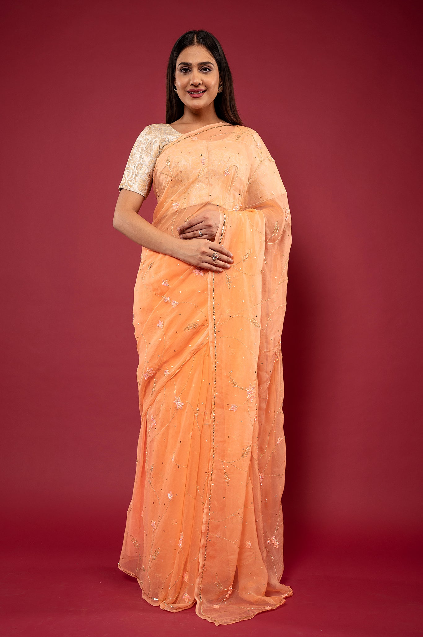 Peach Viscose chiffon Kardana sequins Jaal handwork casual wear saree