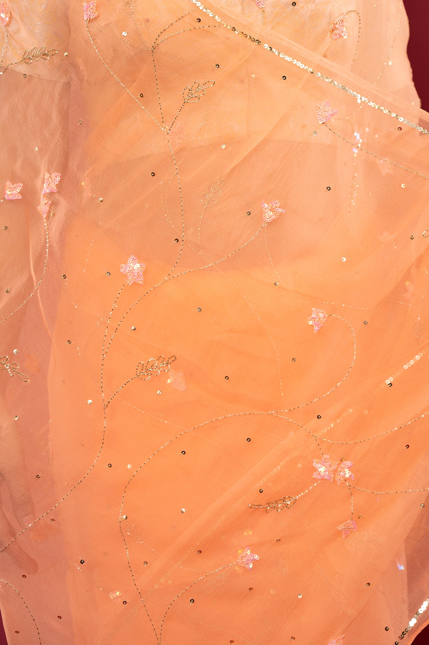 Peach Viscose chiffon Kardana sequins Jaal handwork casual wear saree