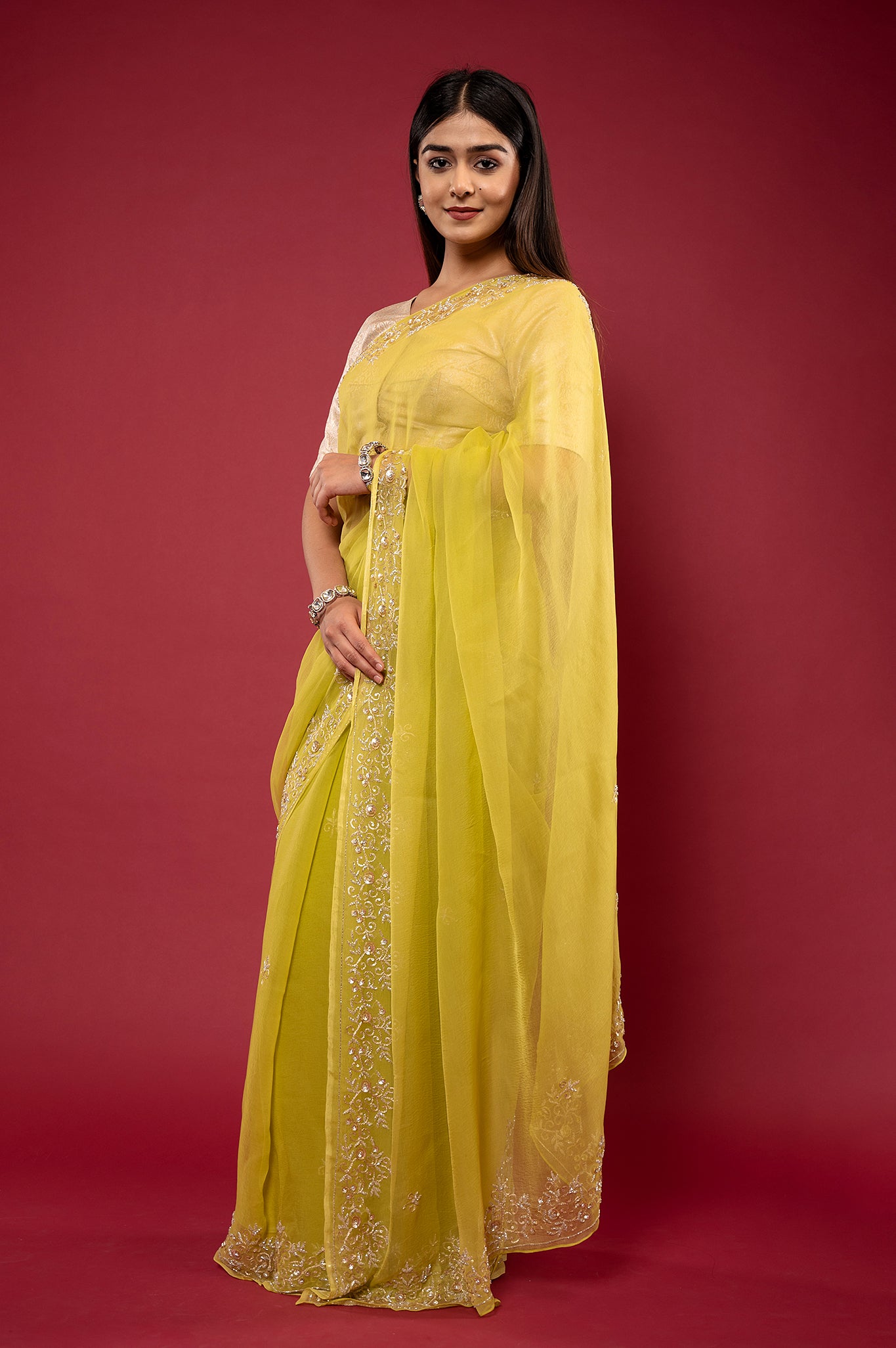 Olive green Viscose chiffon aari sequins kardana border butti handwork casual wear saree