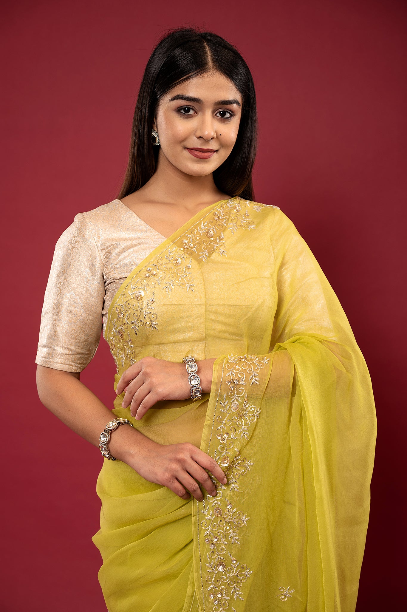 Olive green Viscose chiffon aari sequins kardana border butti handwork casual wear saree