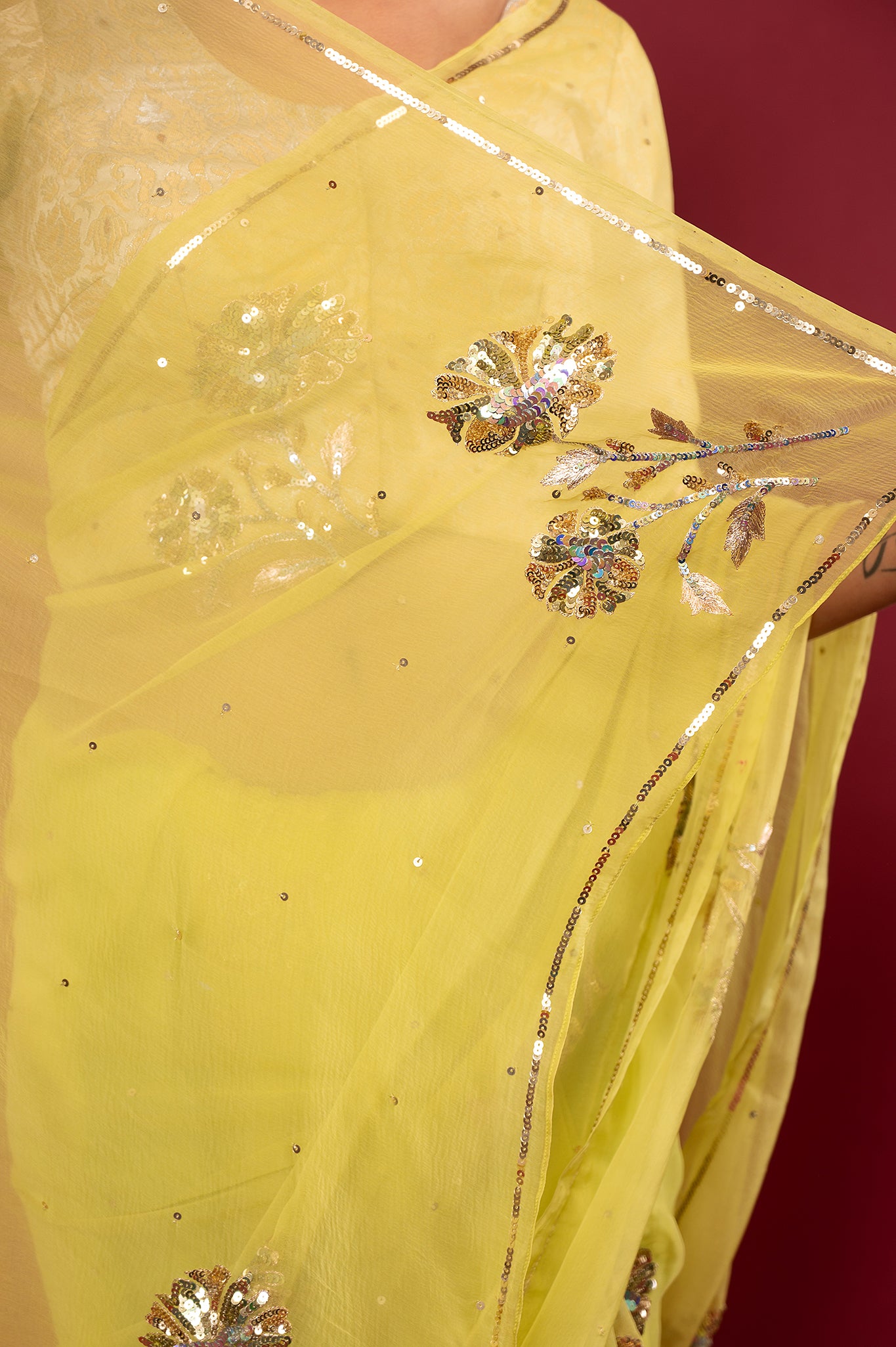 parrot green light dark Viscose chiffon aari sequins motif handwork casual wear saree