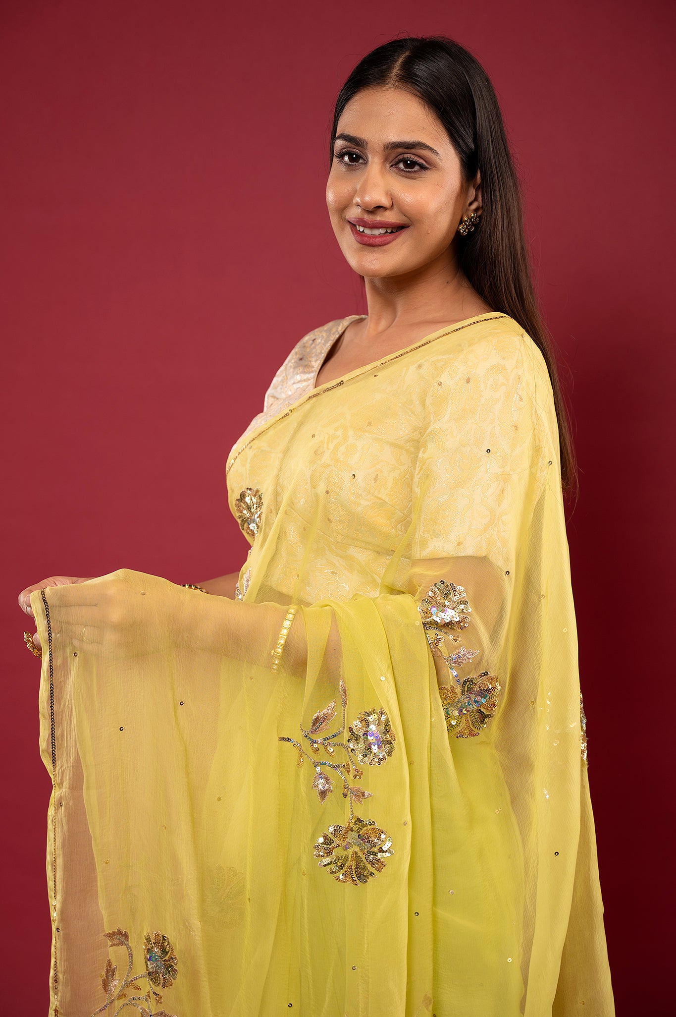 parrot green light dark Viscose chiffon aari sequins motif handwork casual wear saree