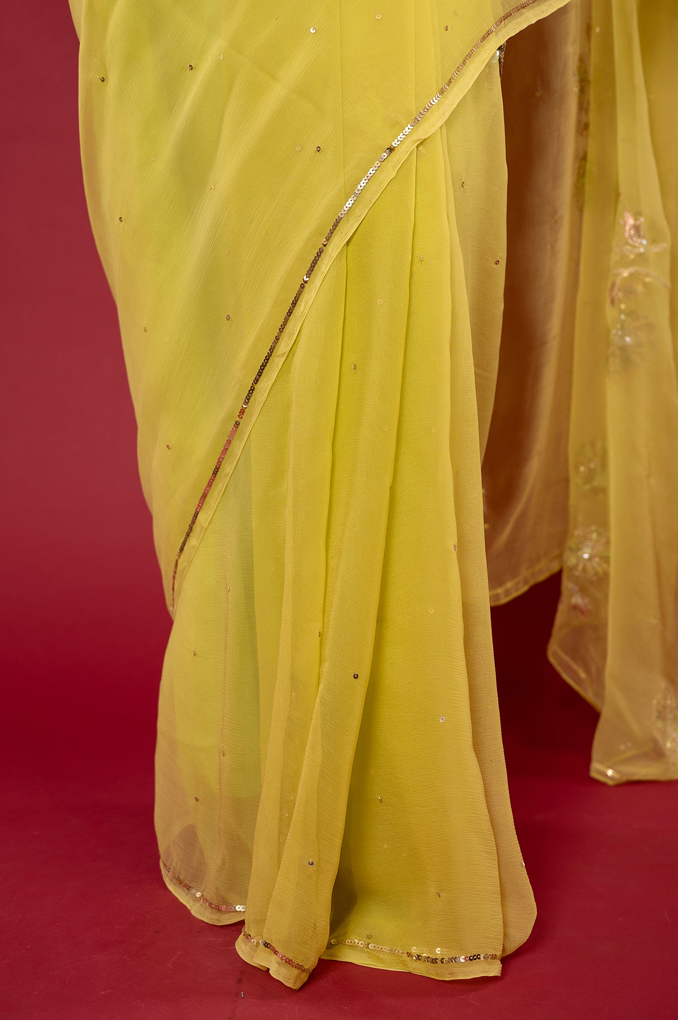 parrot green light dark Viscose chiffon aari sequins motif handwork casual wear saree