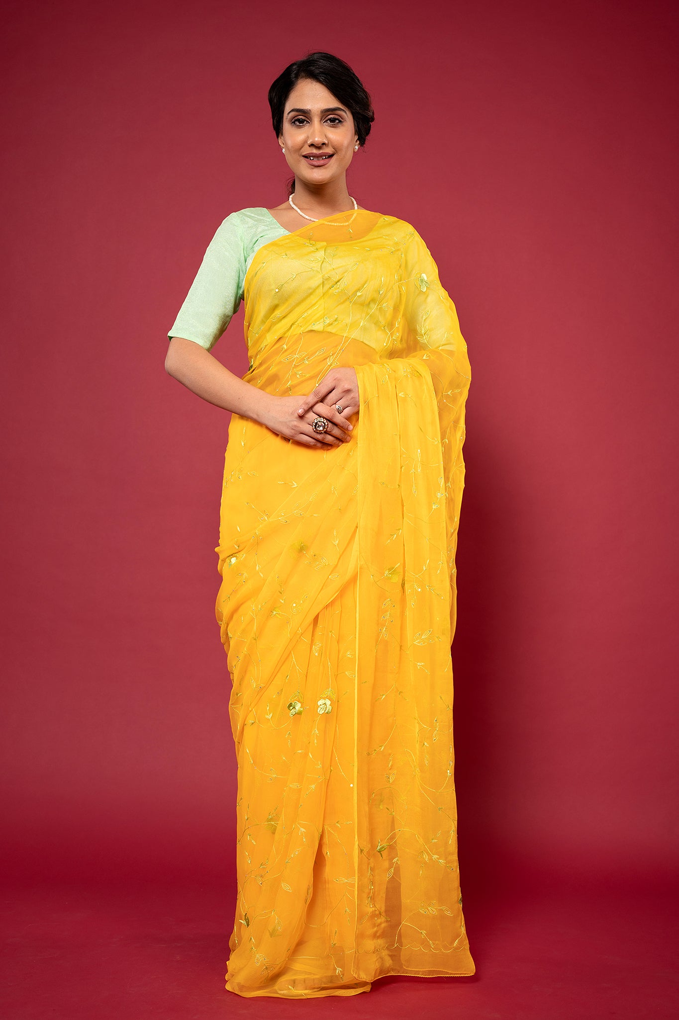 Yellow viscose chiffon Resham Sequins jaal handwork casual wear saree