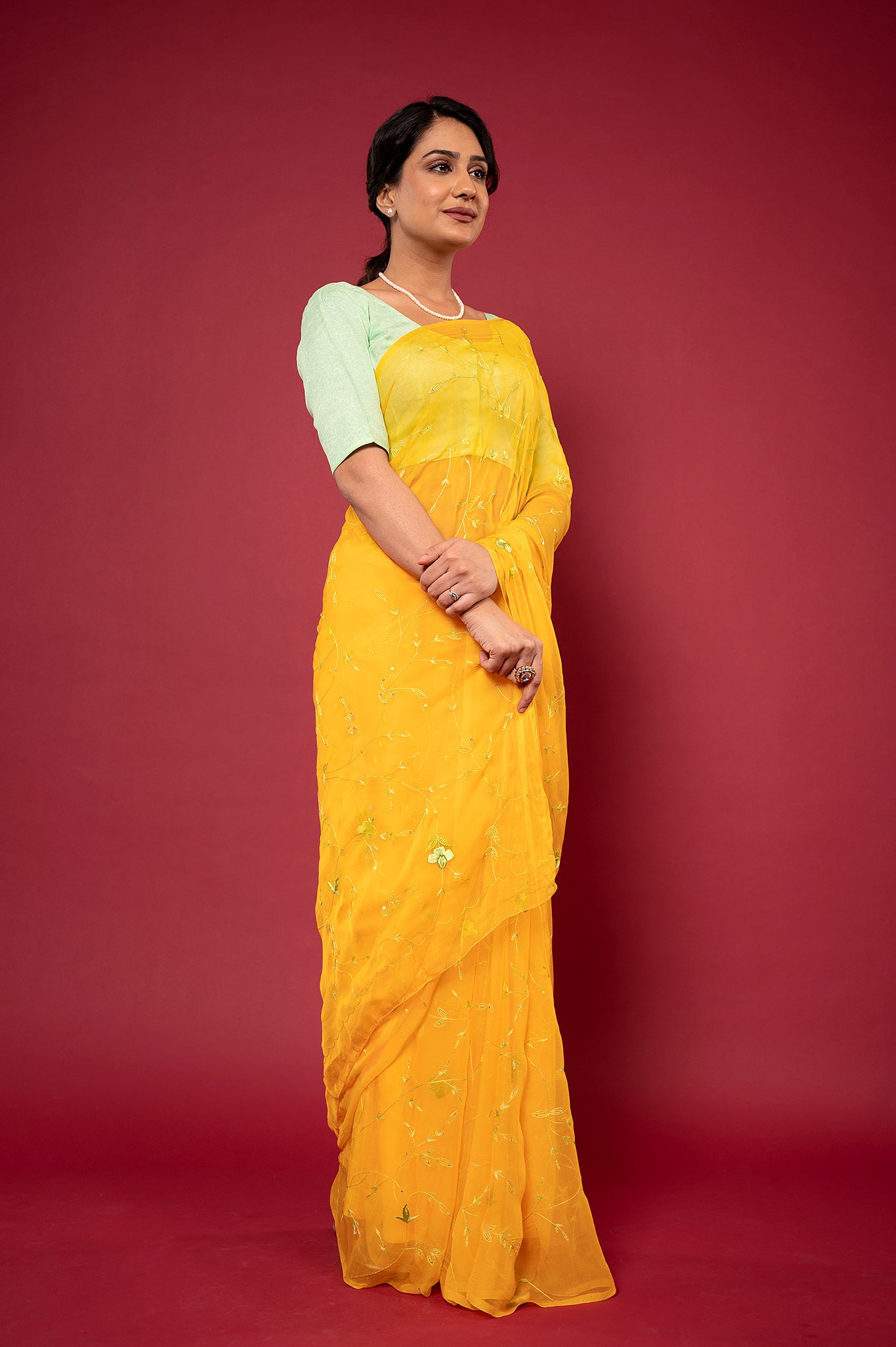 Yellow viscose chiffon Resham Sequins jaal handwork casual wear saree