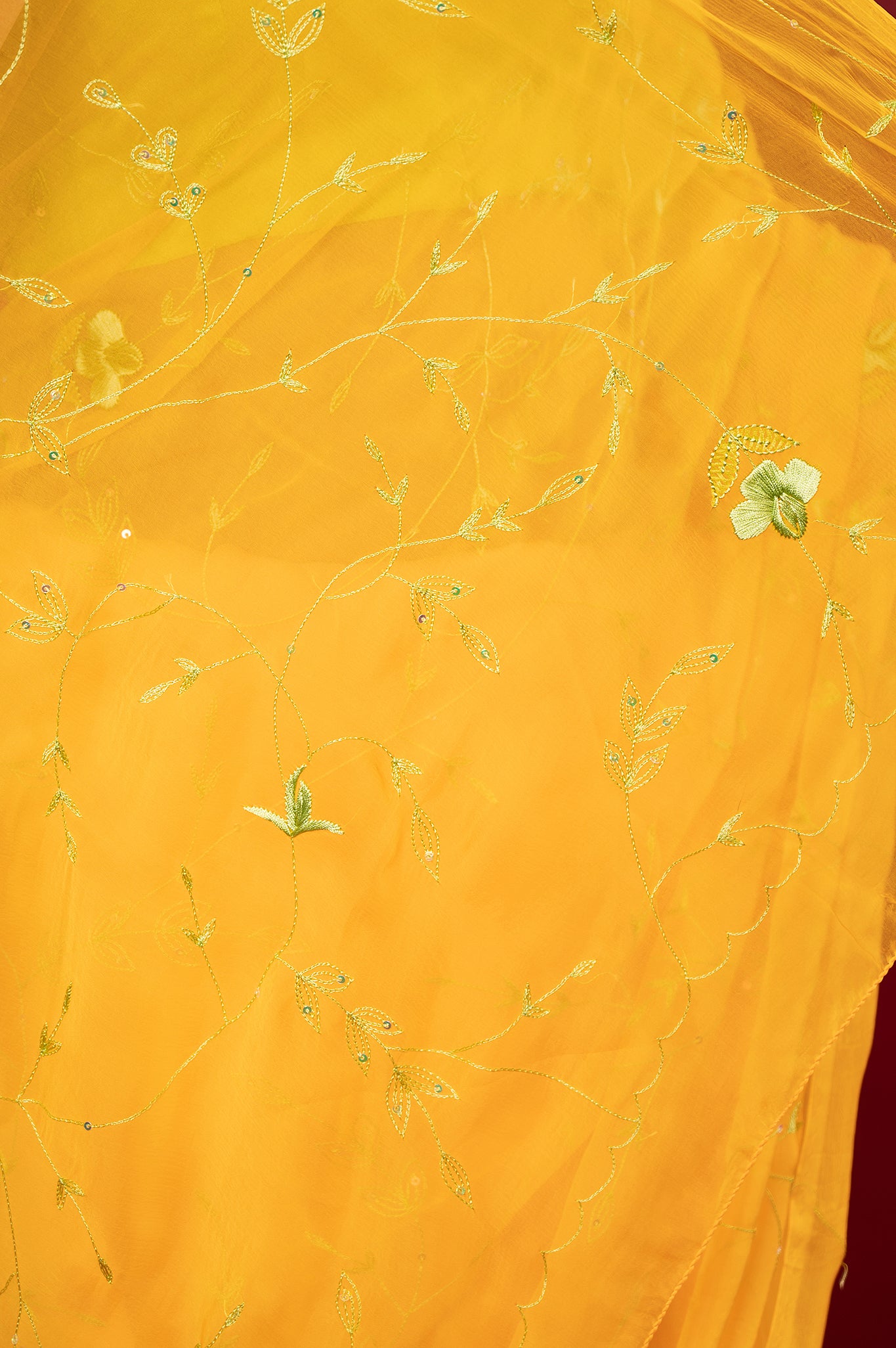 Yellow viscose chiffon Resham Sequins jaal handwork casual wear saree