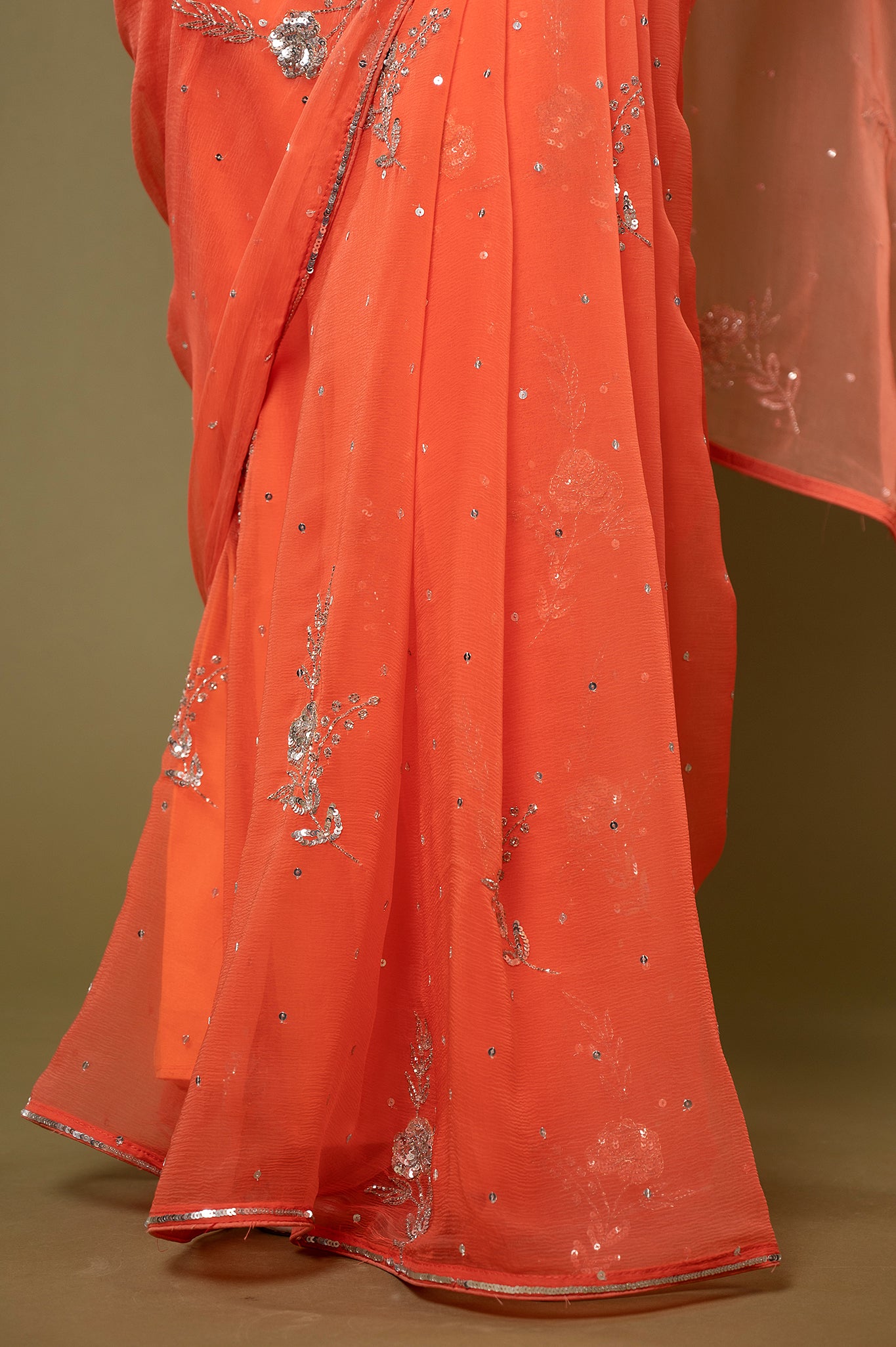 Peach viscose chiffon Sequins kardana motif handwork casual wear saree