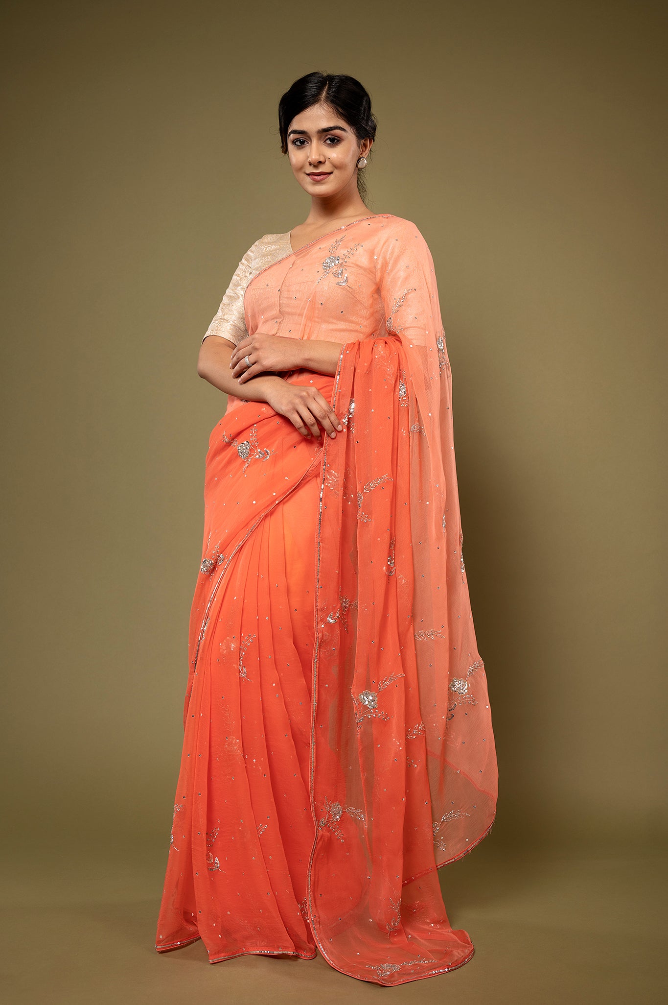 Peach viscose chiffon Sequins kardana motif handwork casual wear saree