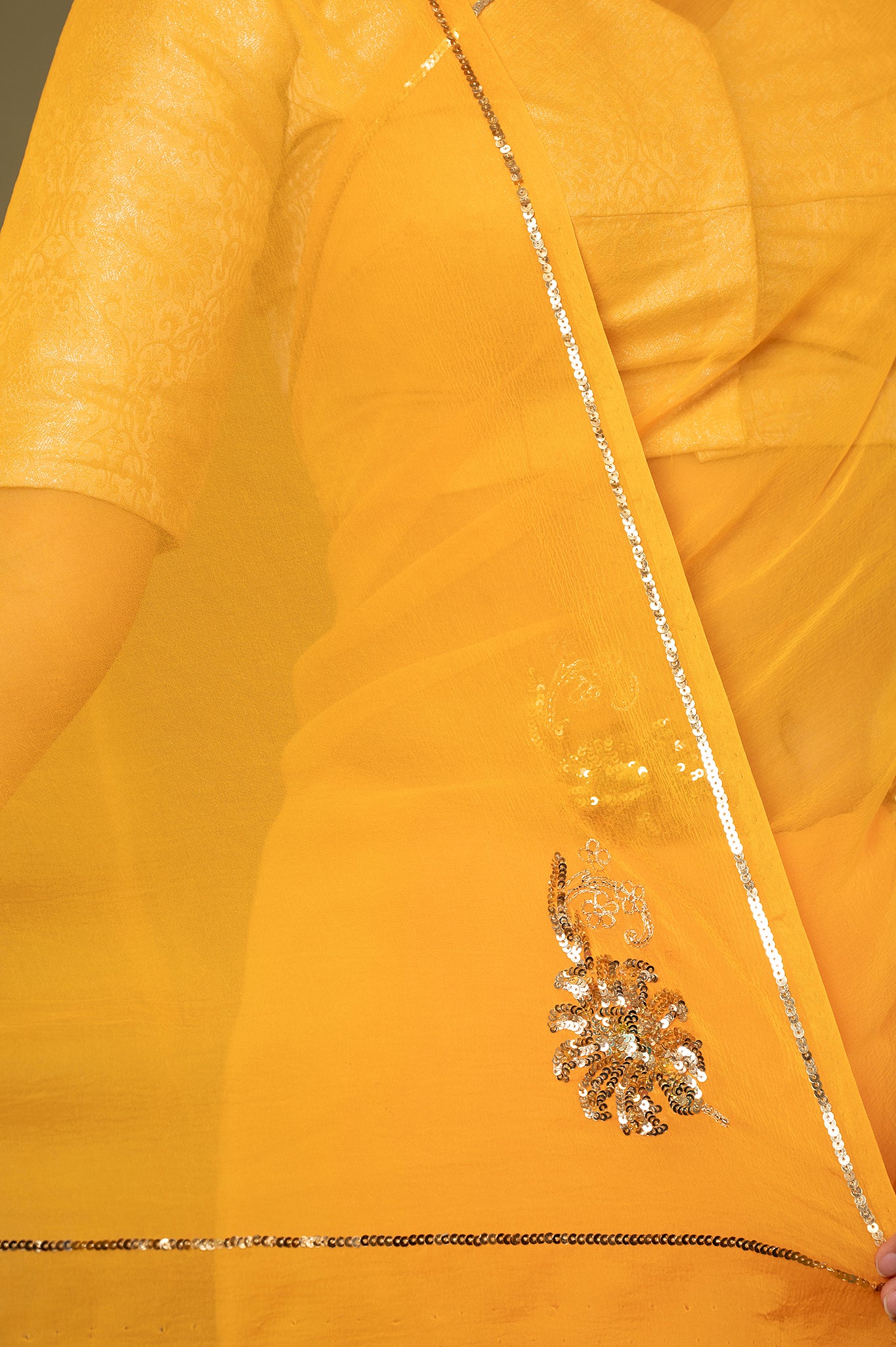 Mustard viscose chiffon sequins motif handwork casual wear saree