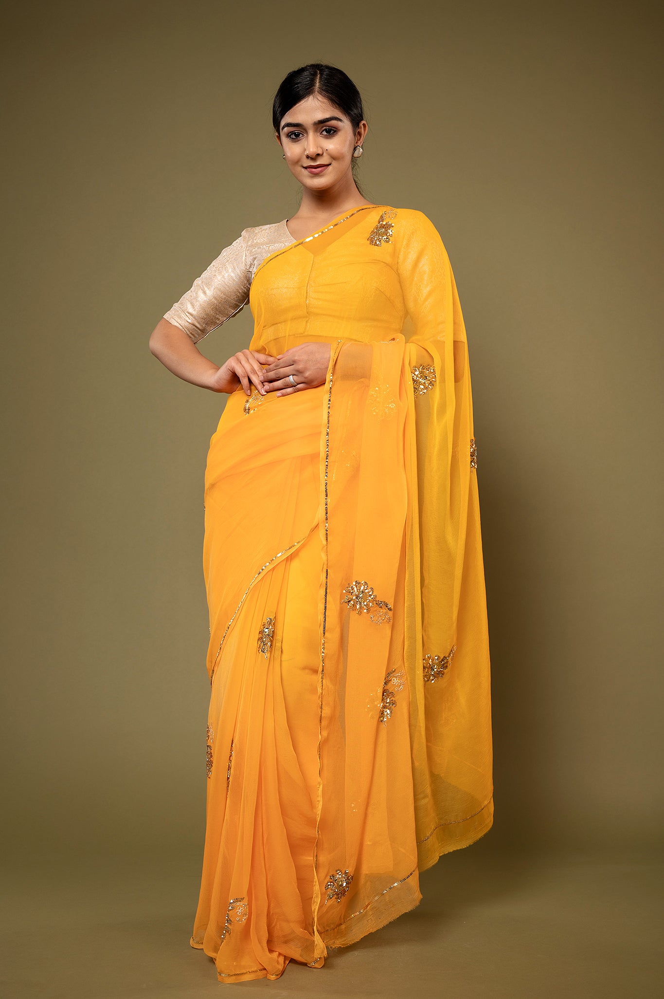 Mustard viscose chiffon sequins motif handwork casual wear saree