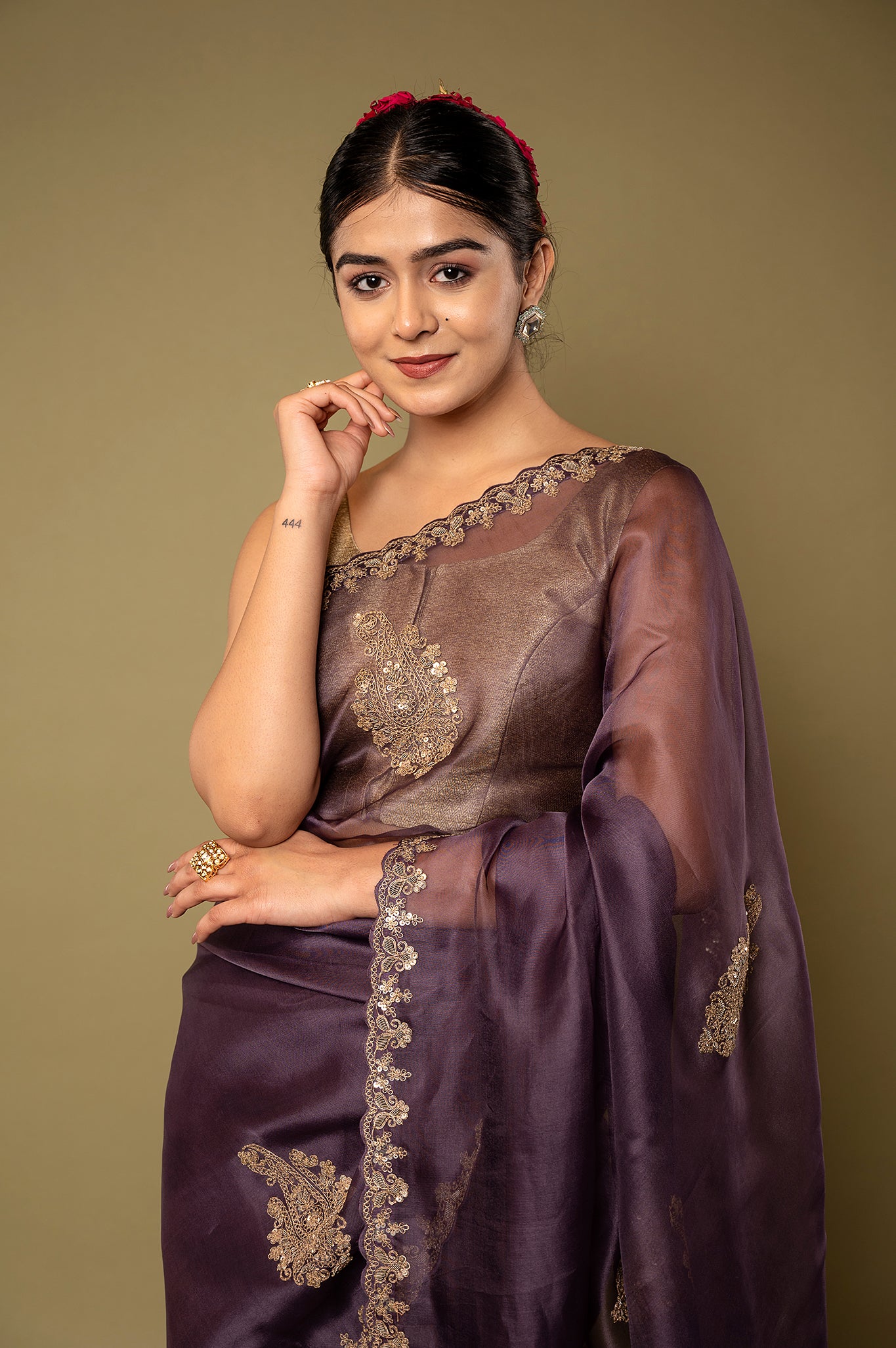 Purple Organza Dapka Marodi Border Butti handwork saree