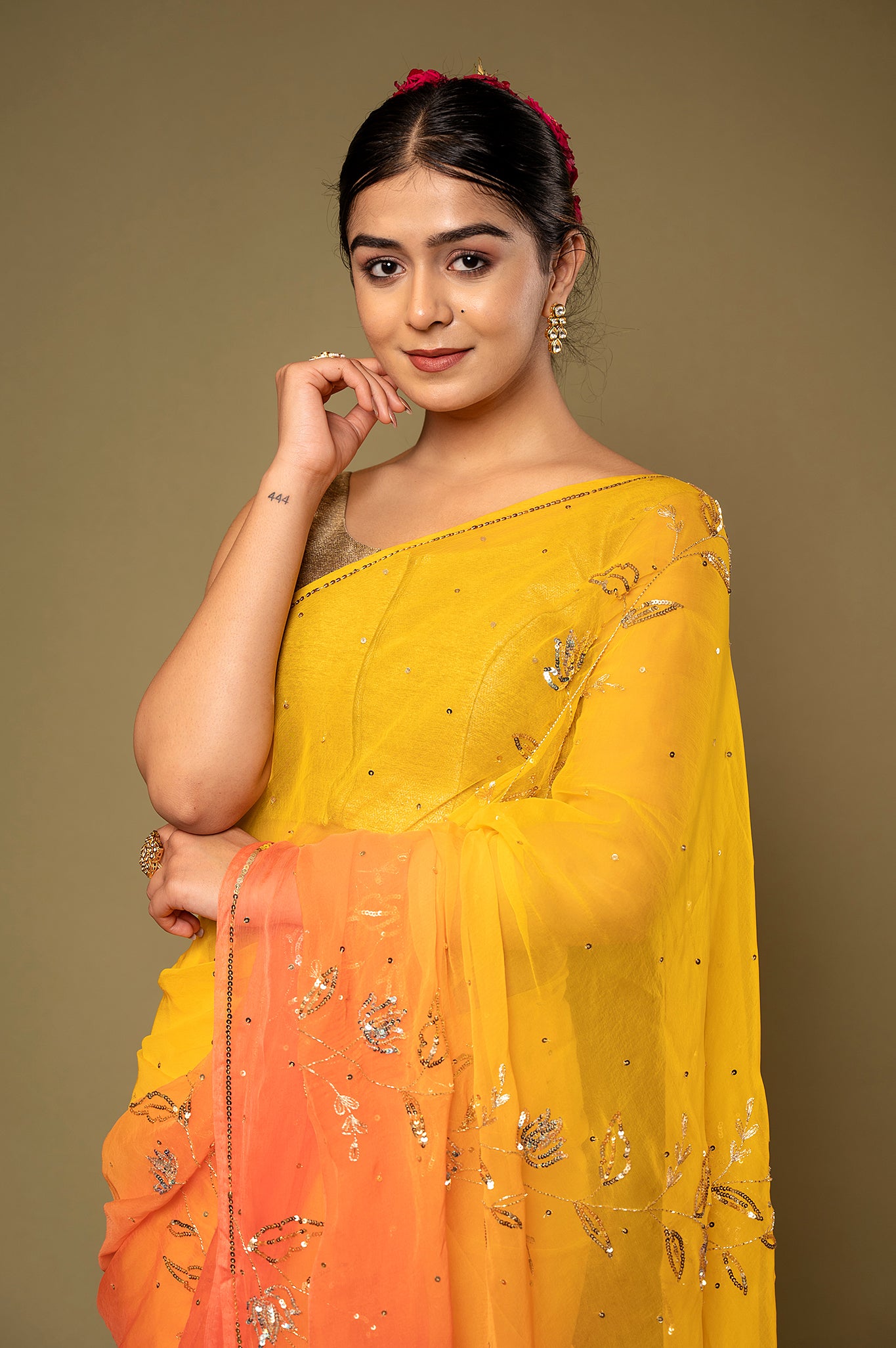Orange yellow light dark viscose chiffon aari sequins handwork casual wear saree