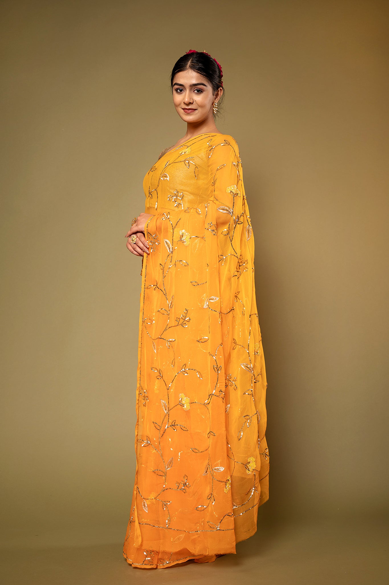 Orange Viscose Chiffon Sequins Jaal Handwork Saree