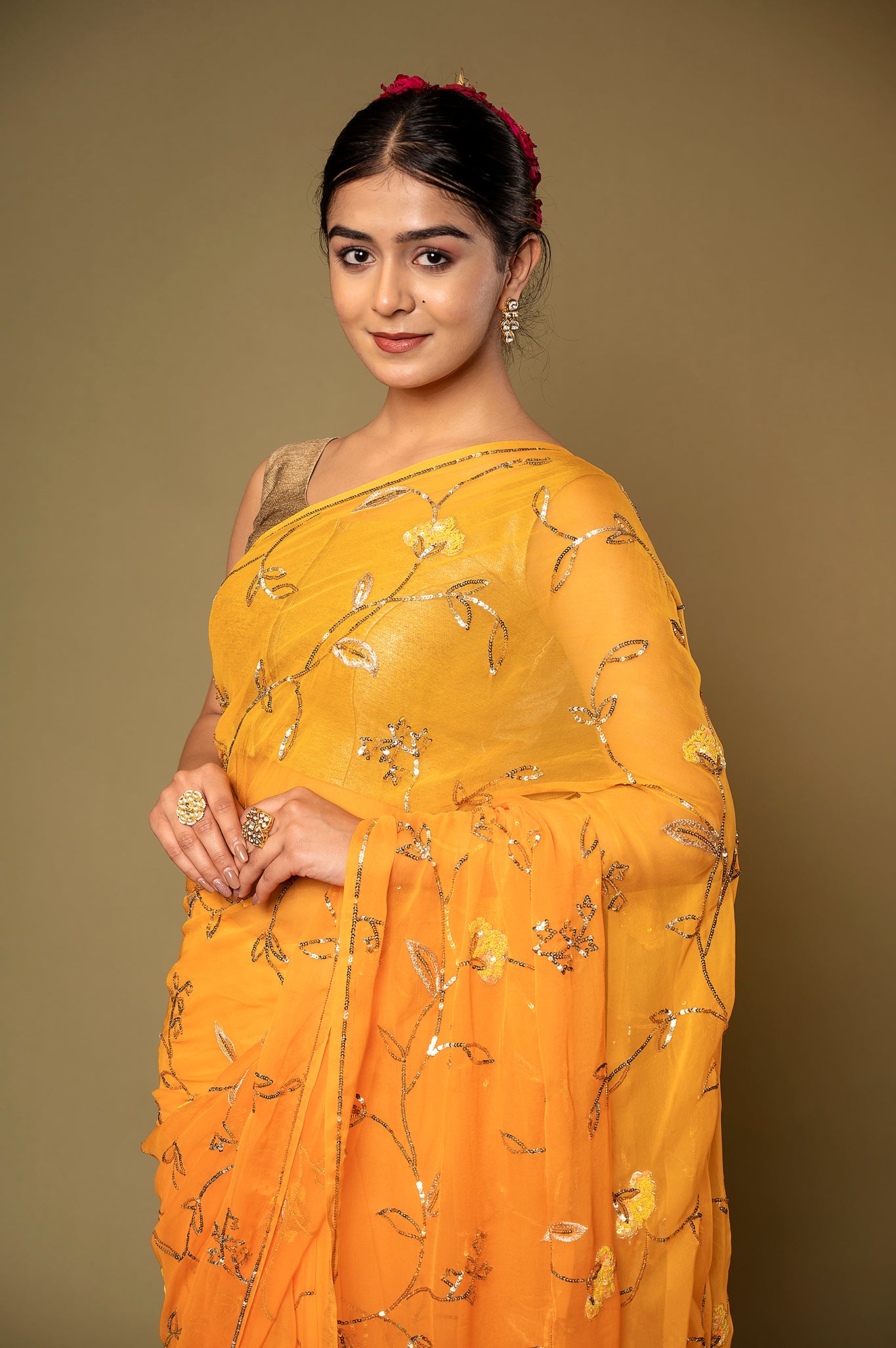 Orange Viscose Chiffon Sequins Jaal Handwork Saree