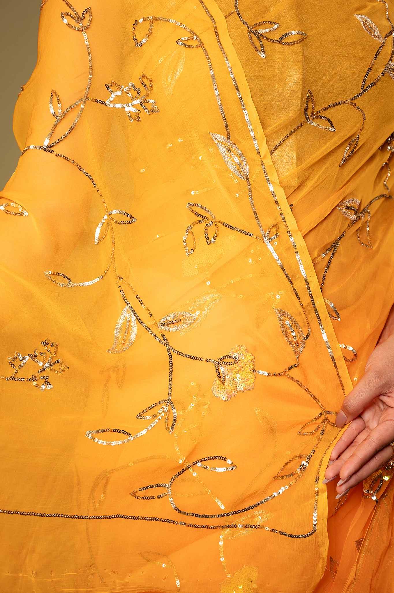 Orange Viscose Chiffon Sequins Jaal Handwork Saree