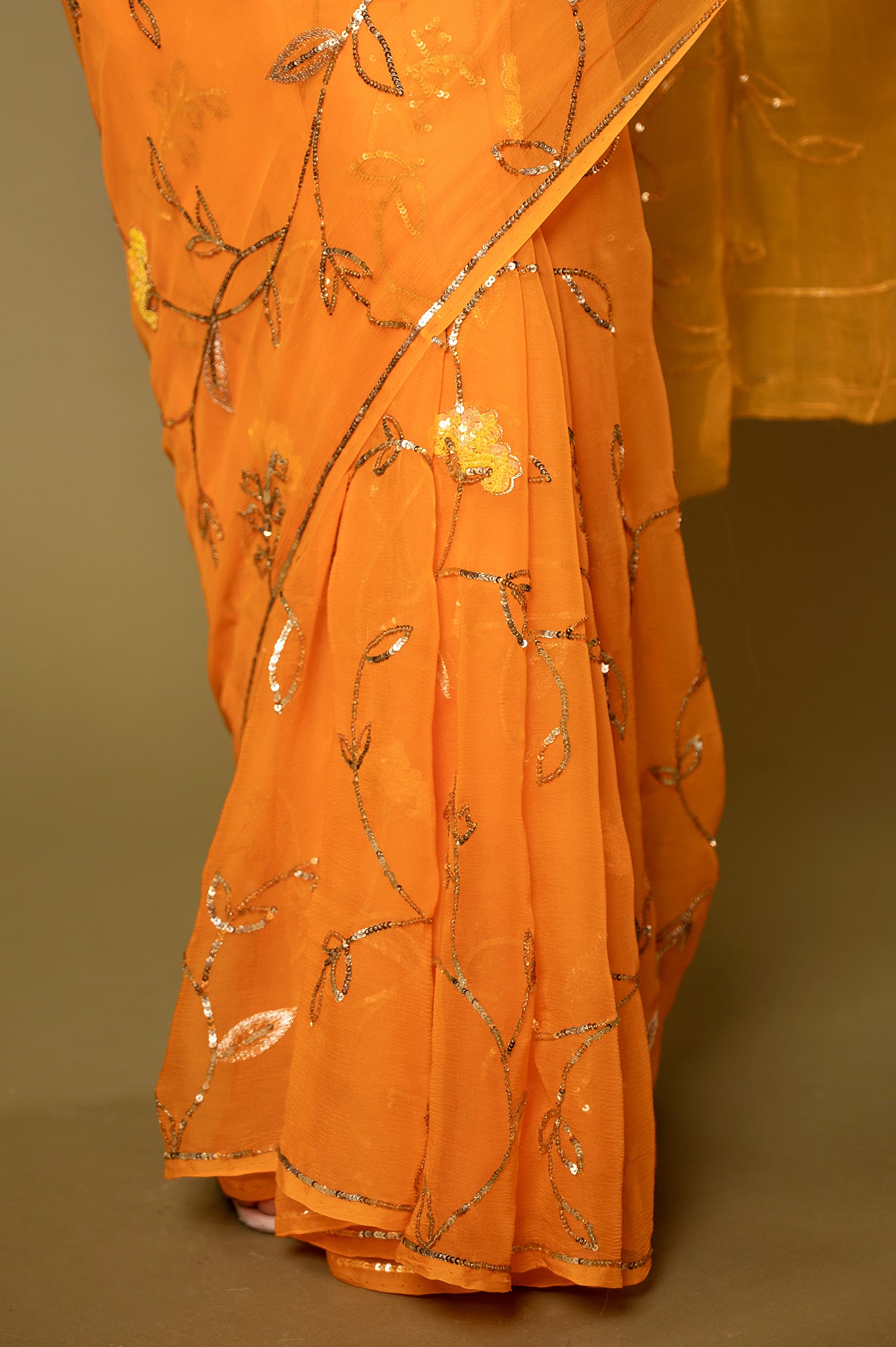 Orange Viscose Chiffon Sequins Jaal Handwork Saree