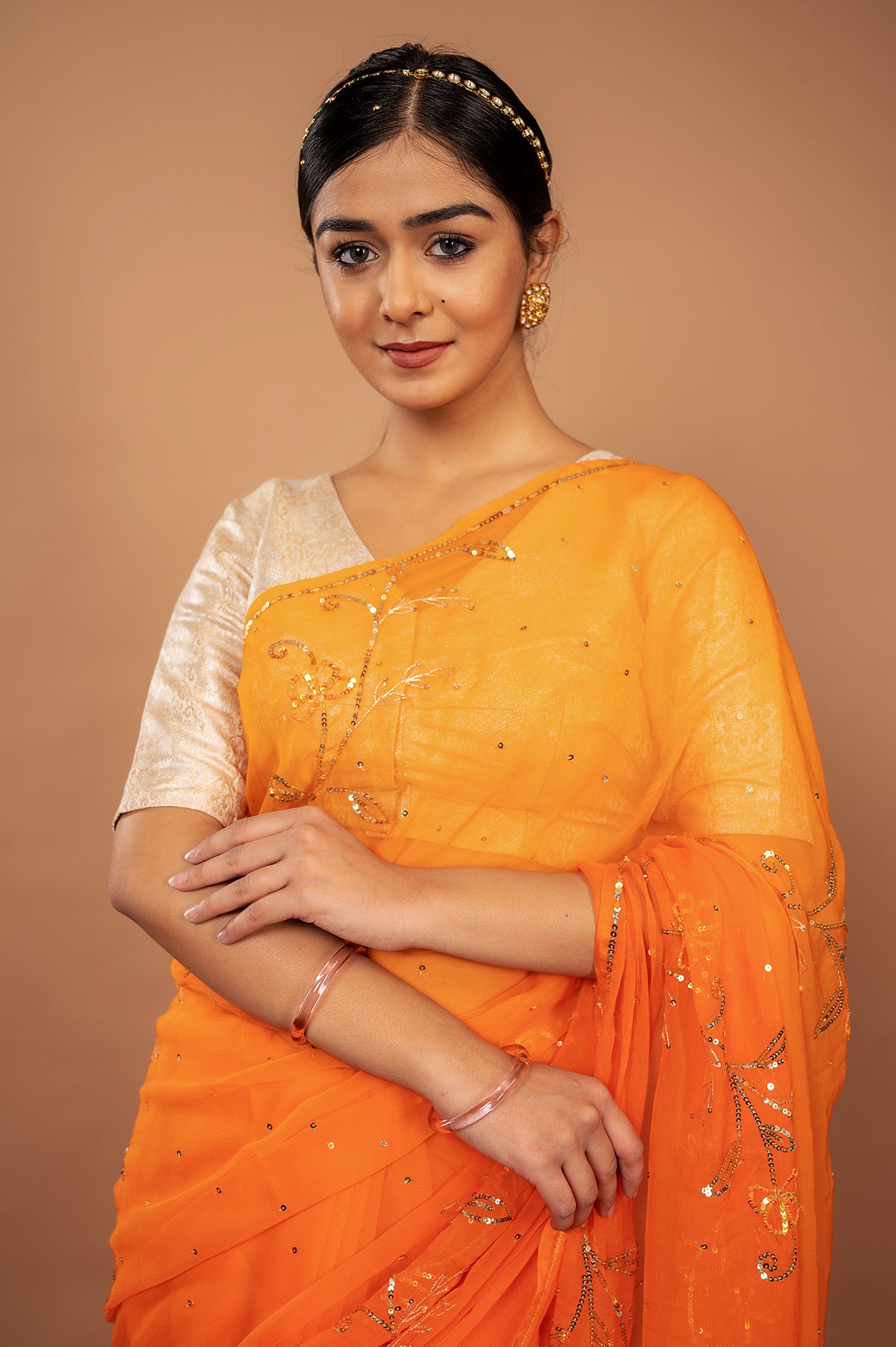 Orange viscose chiffon sequins woek handwork party wear saree