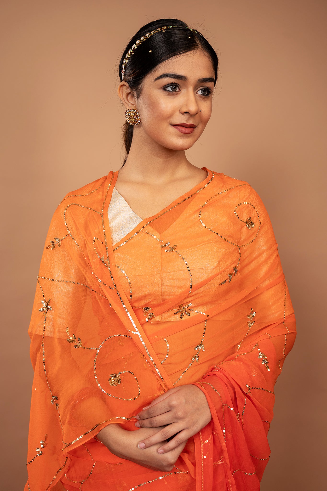 Orange viscose chiffon Sequins jaal handwork casual wear saree
