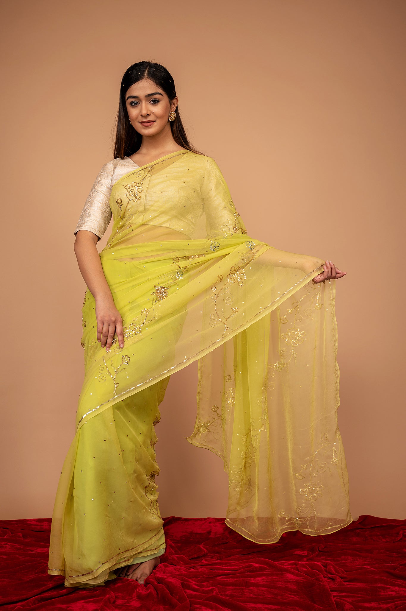 Lemon Yellow Viscose Chiffon All over Sequins Handwork Saree