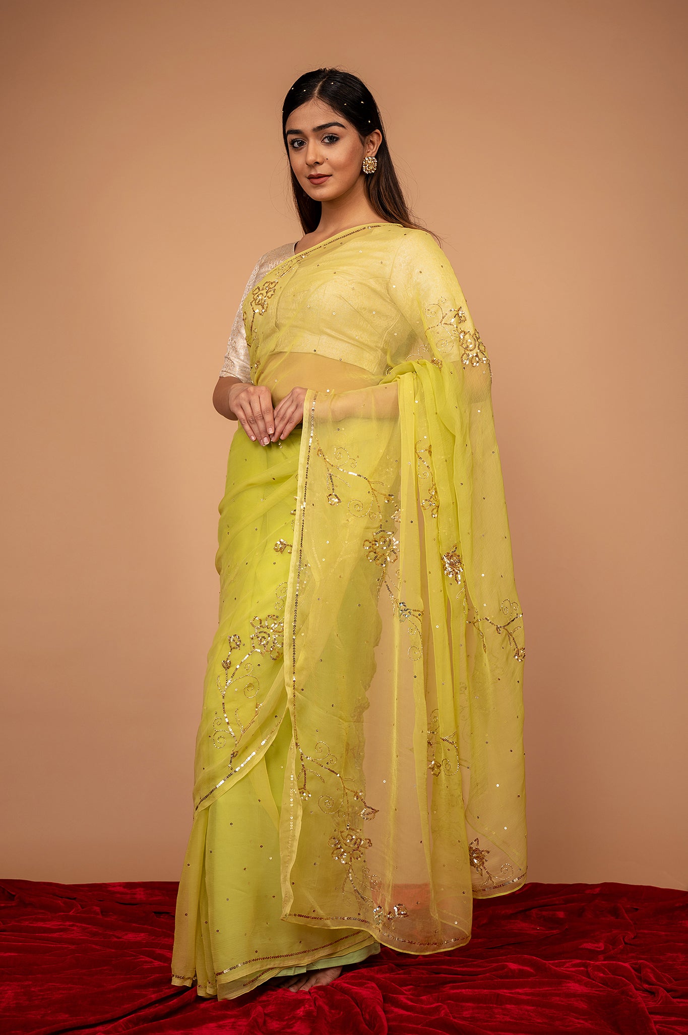 Lemon Yellow Viscose Chiffon All over Sequins Handwork Saree