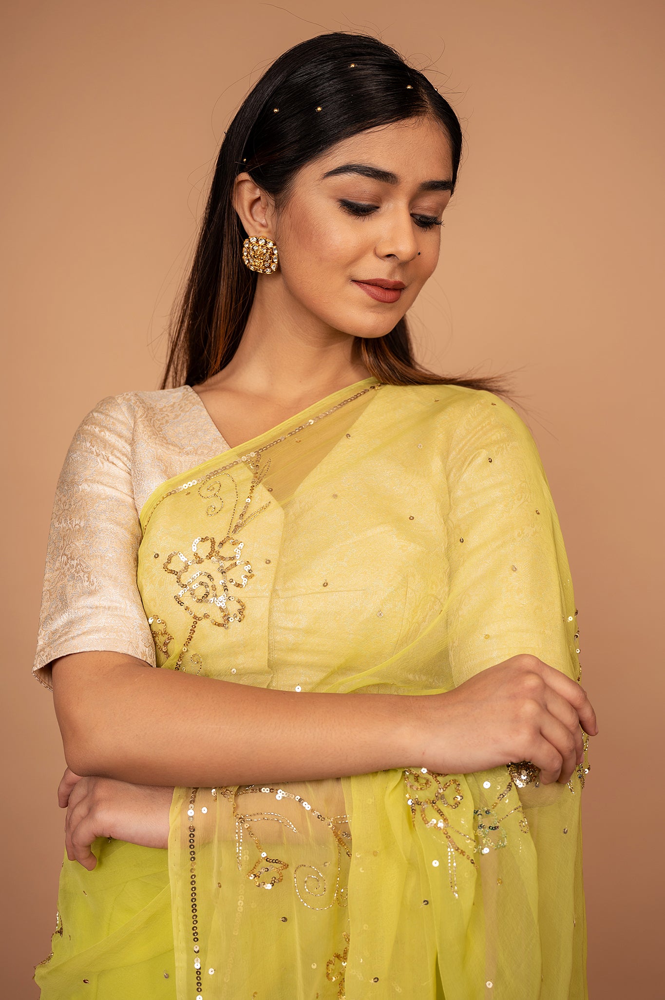 Lemon Yellow Viscose Chiffon All over Sequins Handwork Saree