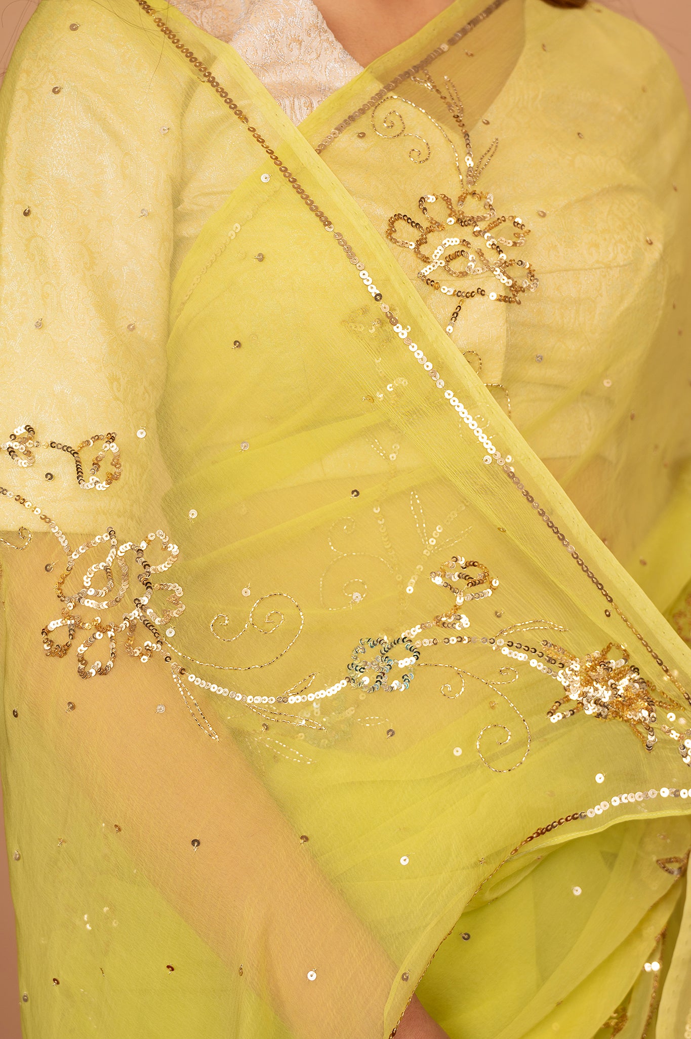 Lemon Yellow Viscose Chiffon All over Sequins Handwork Saree