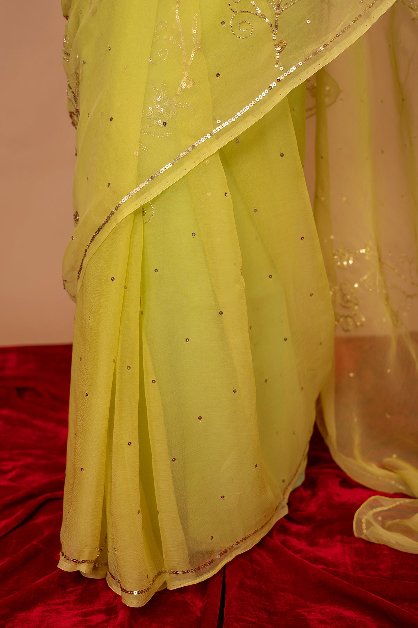 Lemon Yellow Viscose Chiffon All over Sequins Handwork Saree