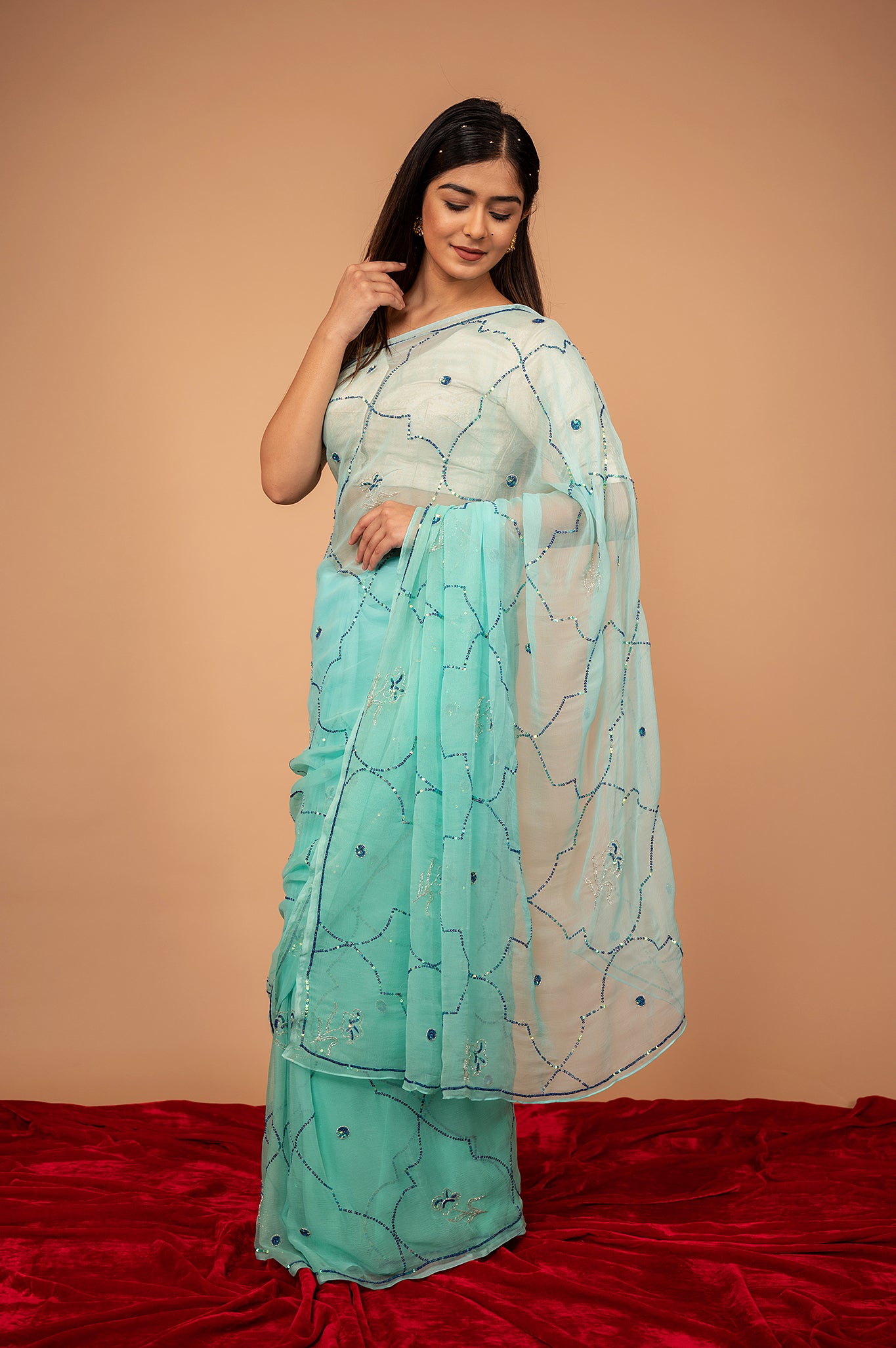 Sea Green viscose chiffon sequins jaal handwork casual wear saree