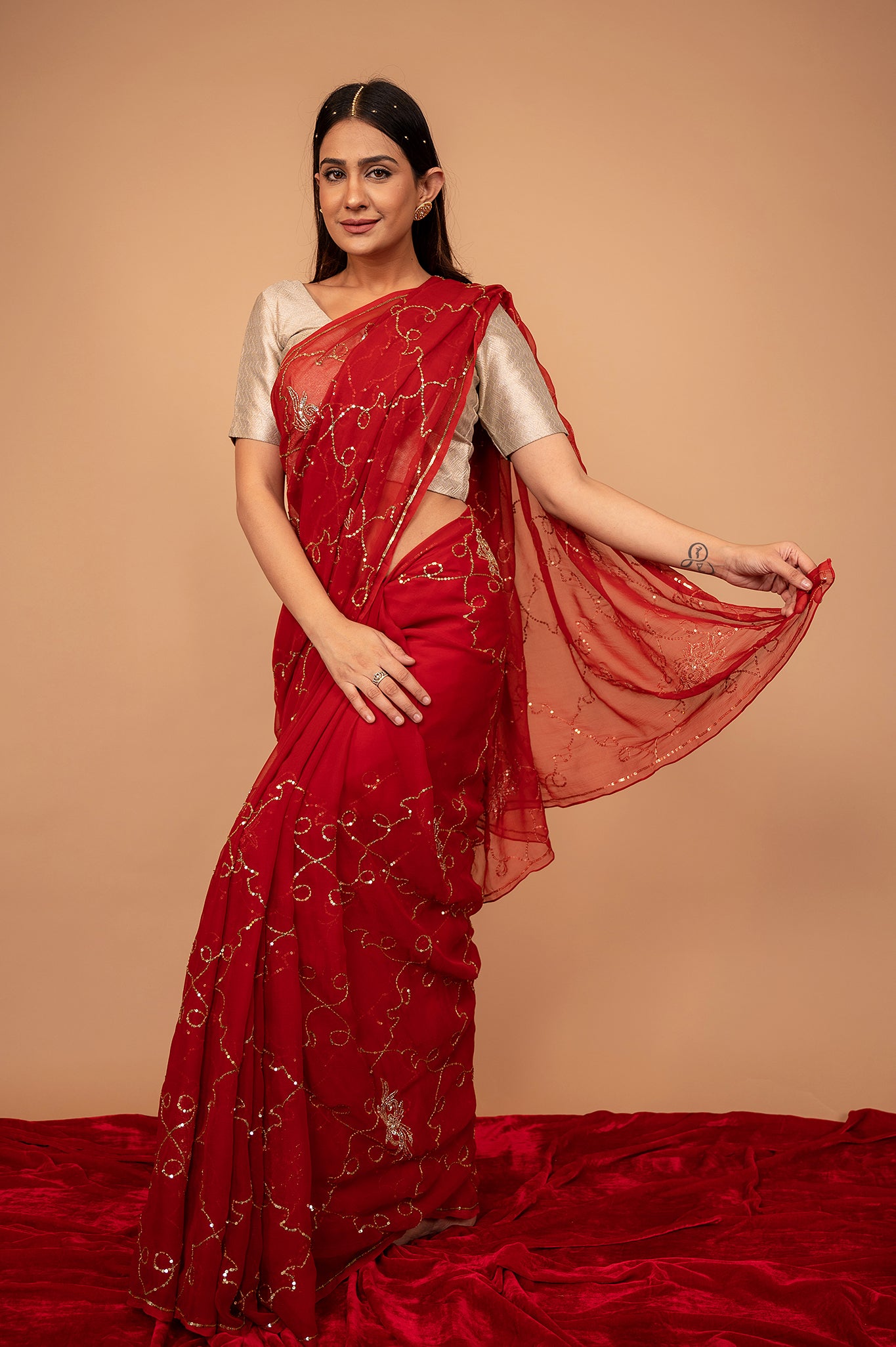 Red viscose chiffon Aari Sequins jaal handwork casual wear saree