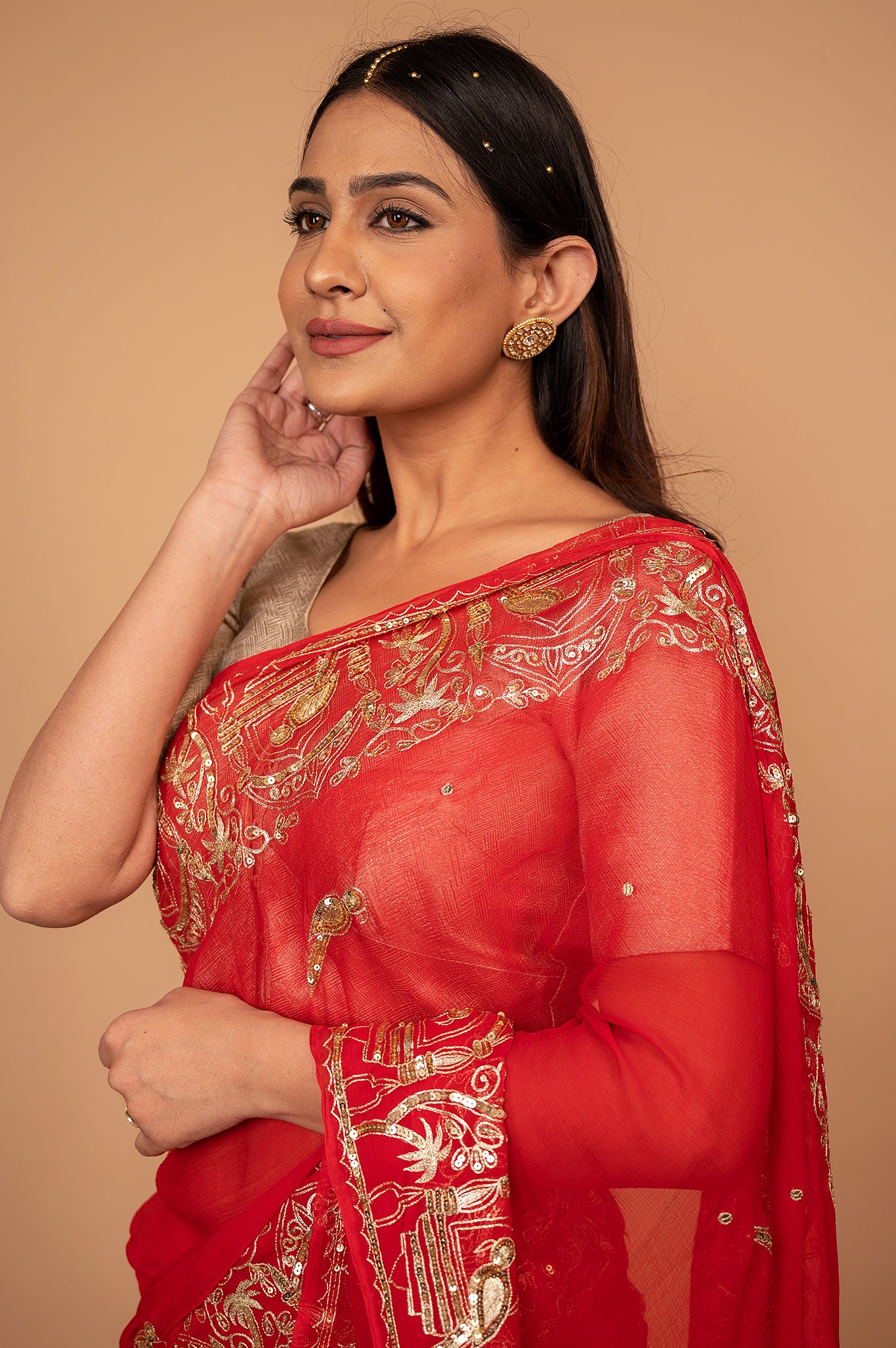 Red viscose chiffon aari sequins border butti handwork casual wear saree