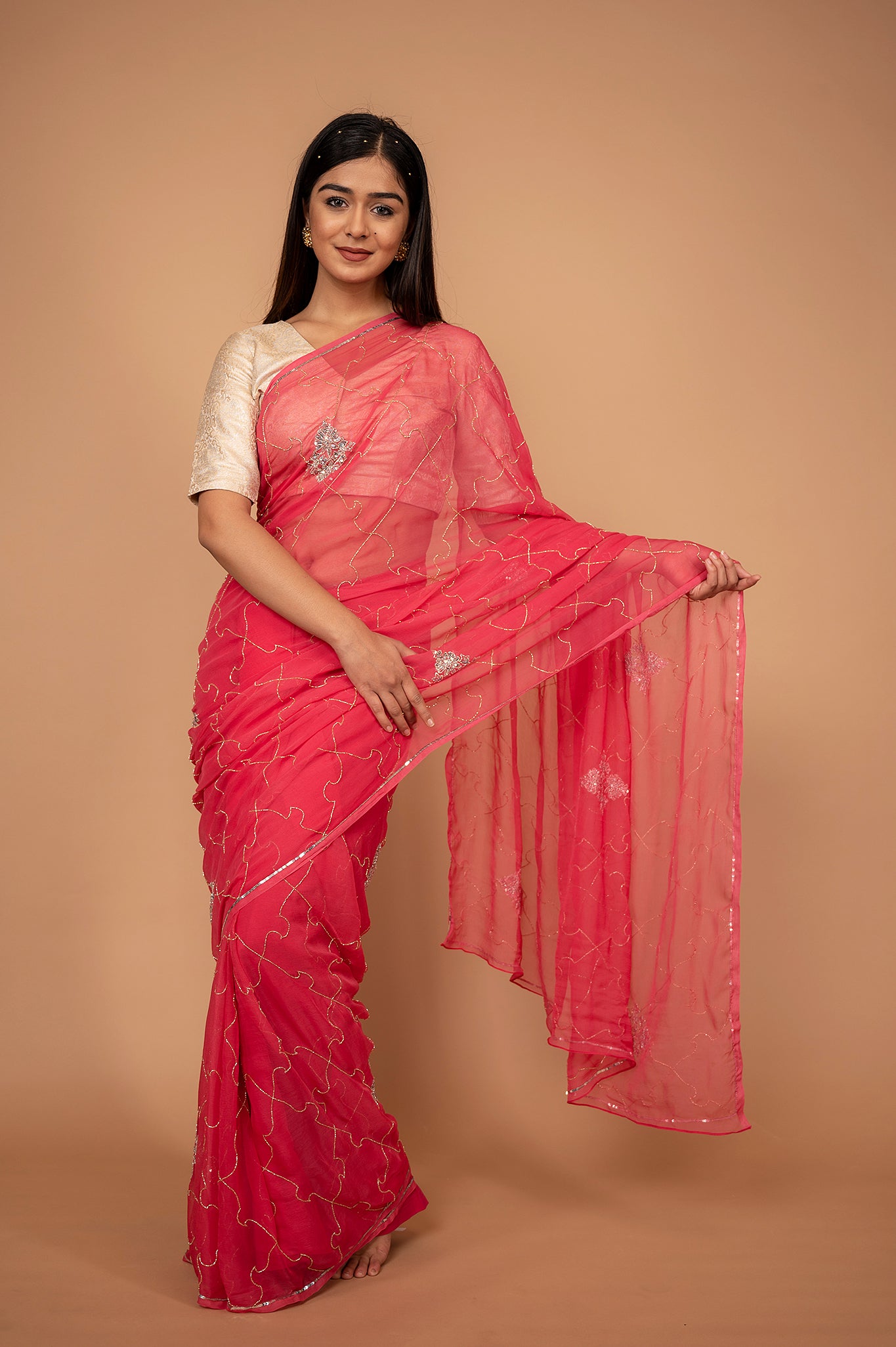 Peach Pink viscose chiffon Kardana sequins Jaal handwork casual wear saree