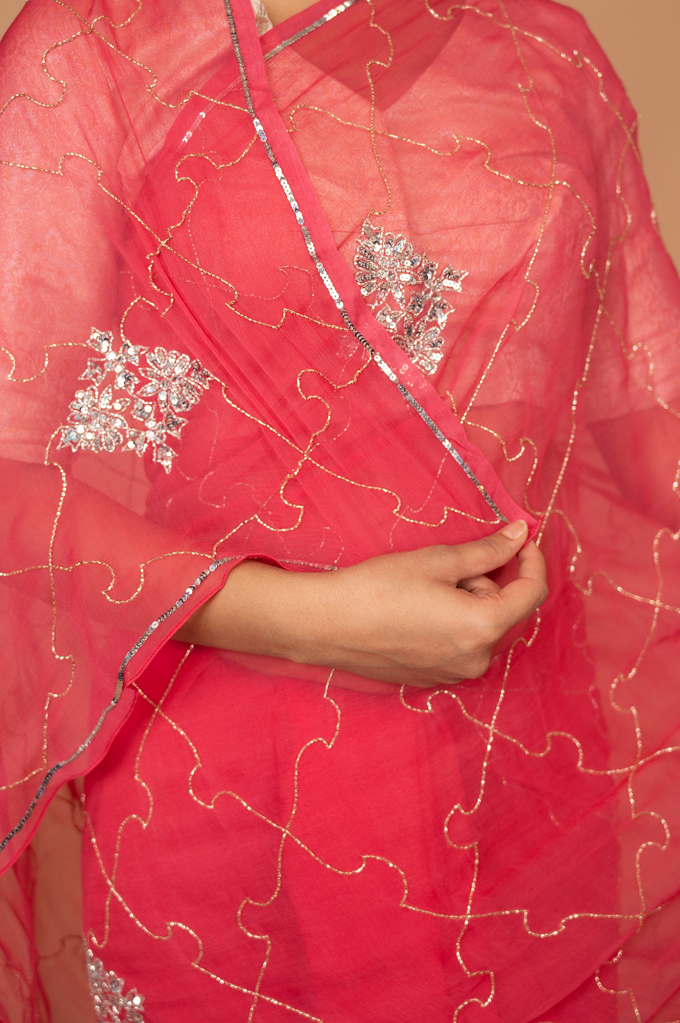 Peach Pink viscose chiffon Kardana sequins Jaal handwork casual wear saree