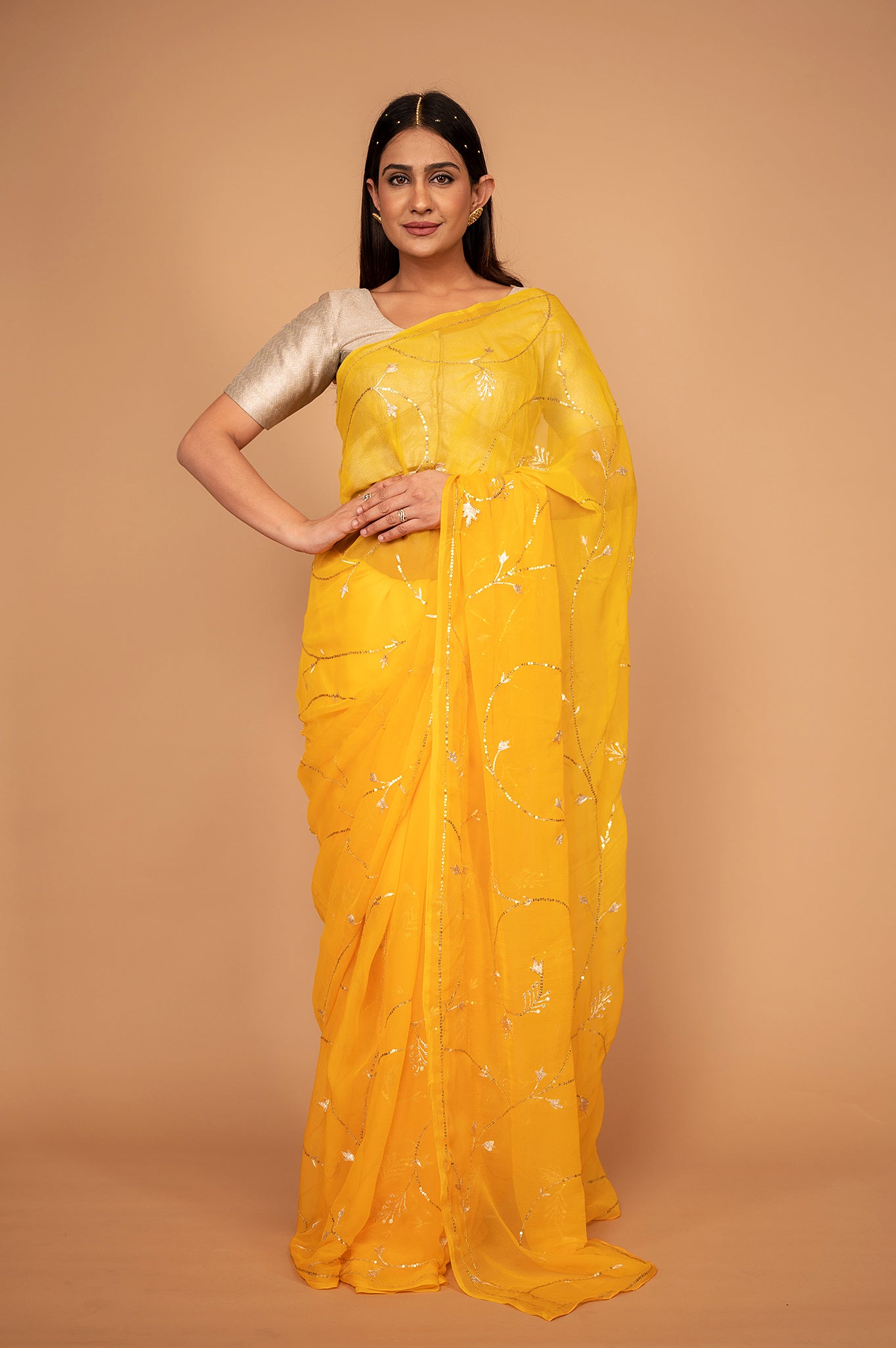 Yellow viscose chiffon aari sequins jaal handwork casual wear saree