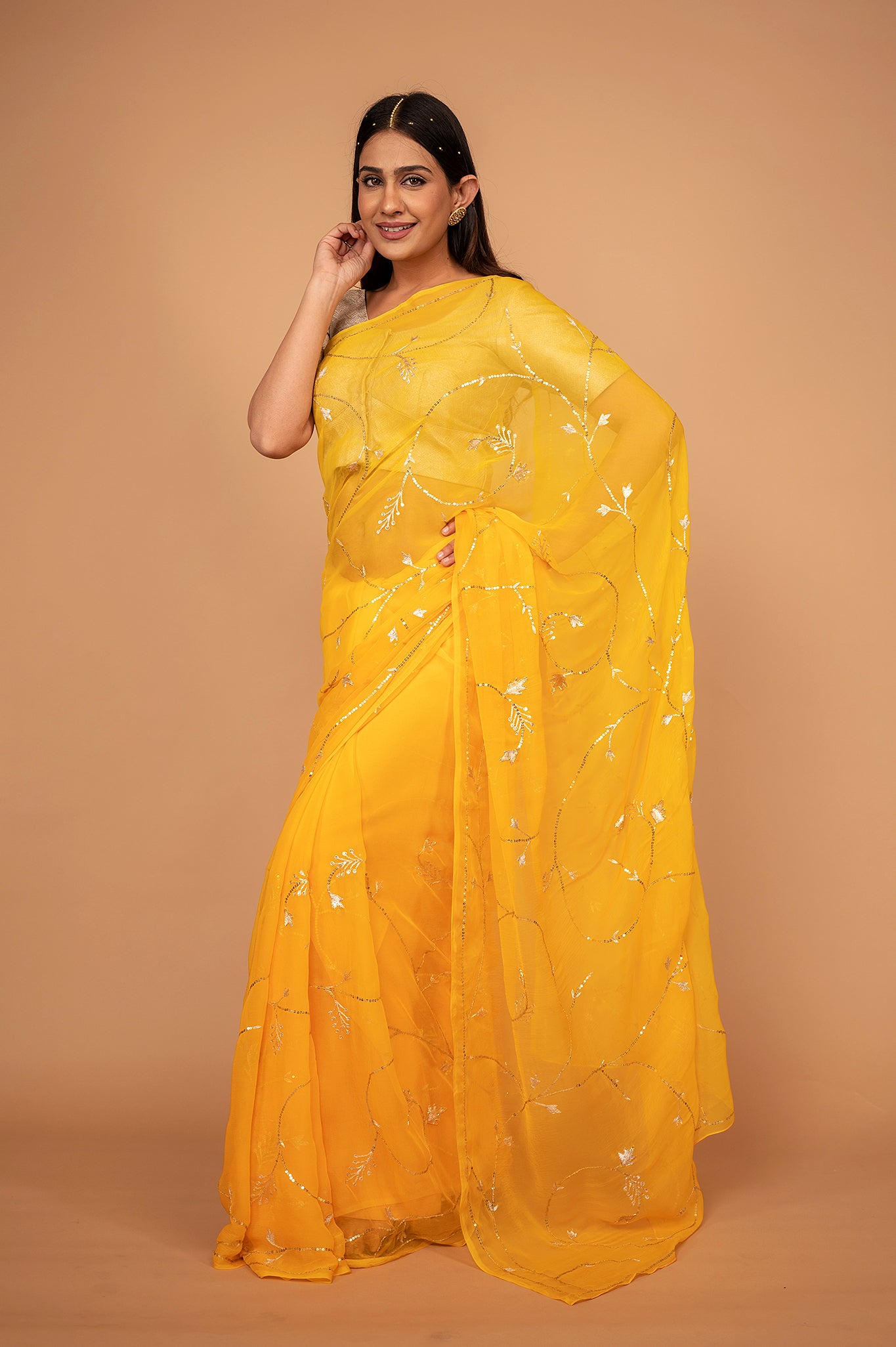 Yellow viscose chiffon aari sequins jaal handwork casual wear saree