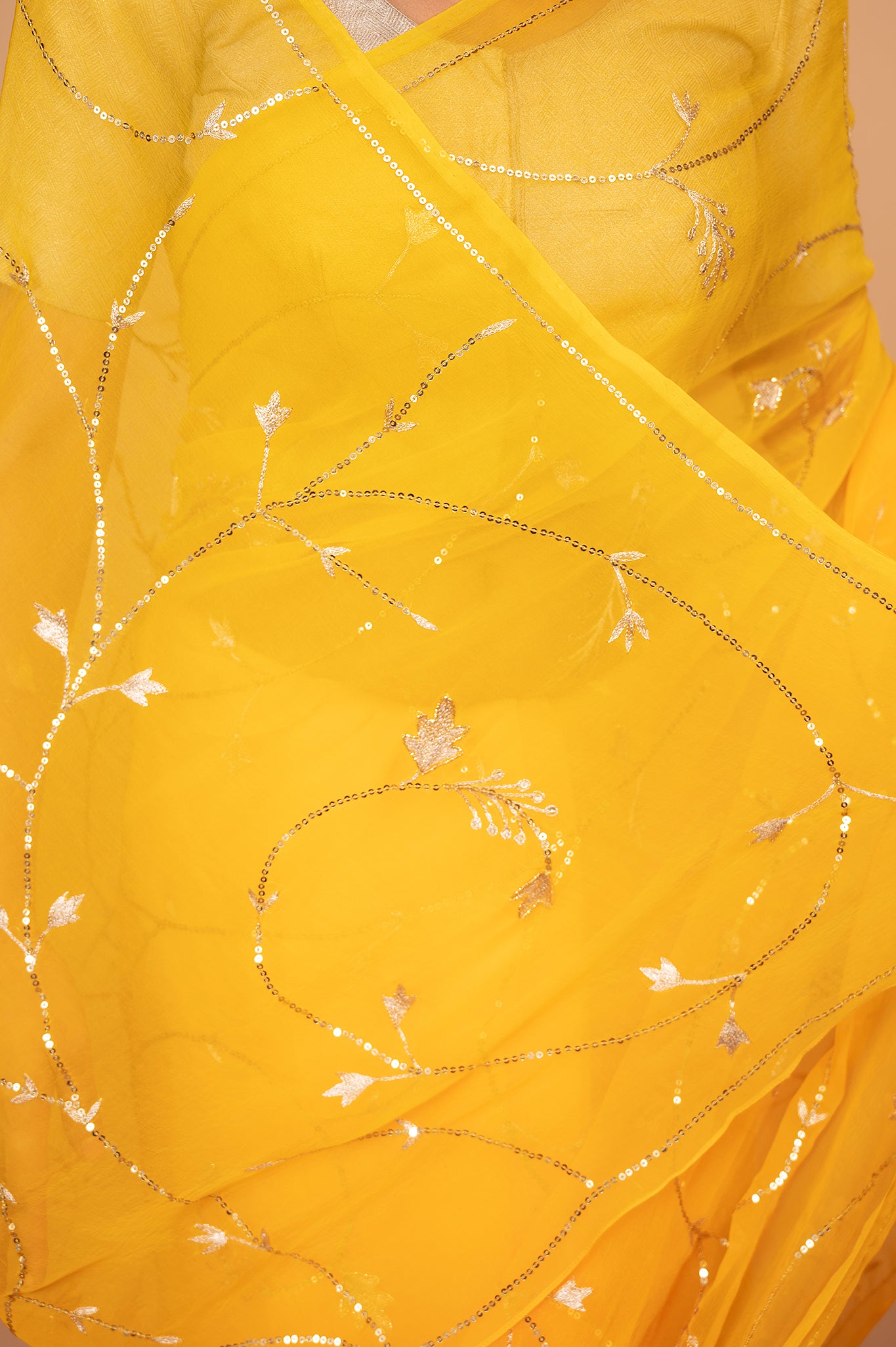 Yellow viscose chiffon aari sequins jaal handwork casual wear saree