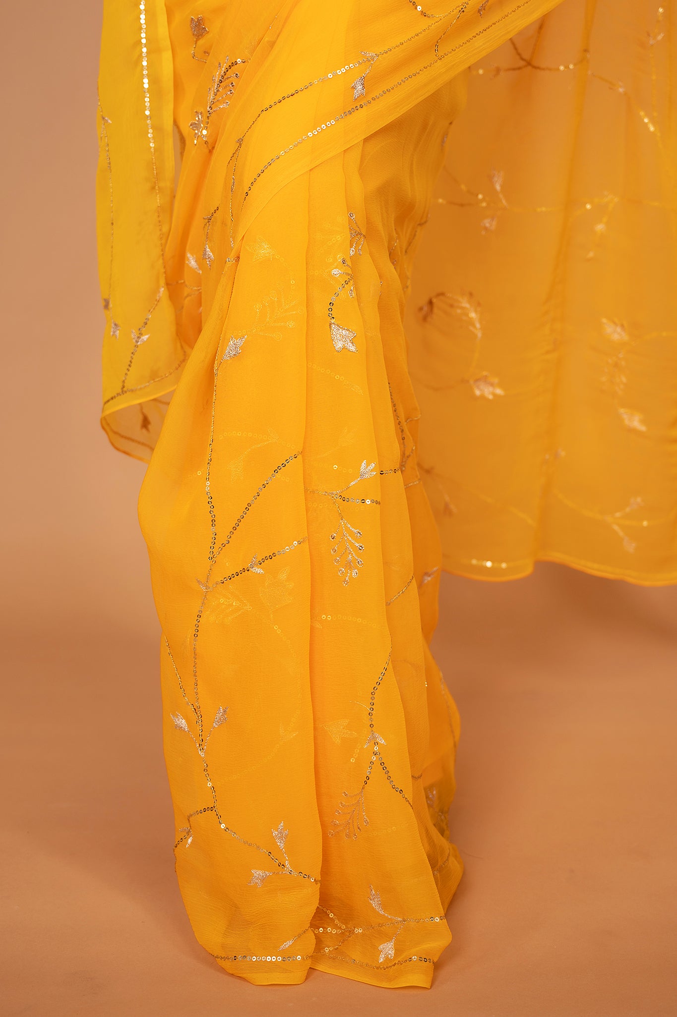 Yellow viscose chiffon aari sequins jaal handwork casual wear saree