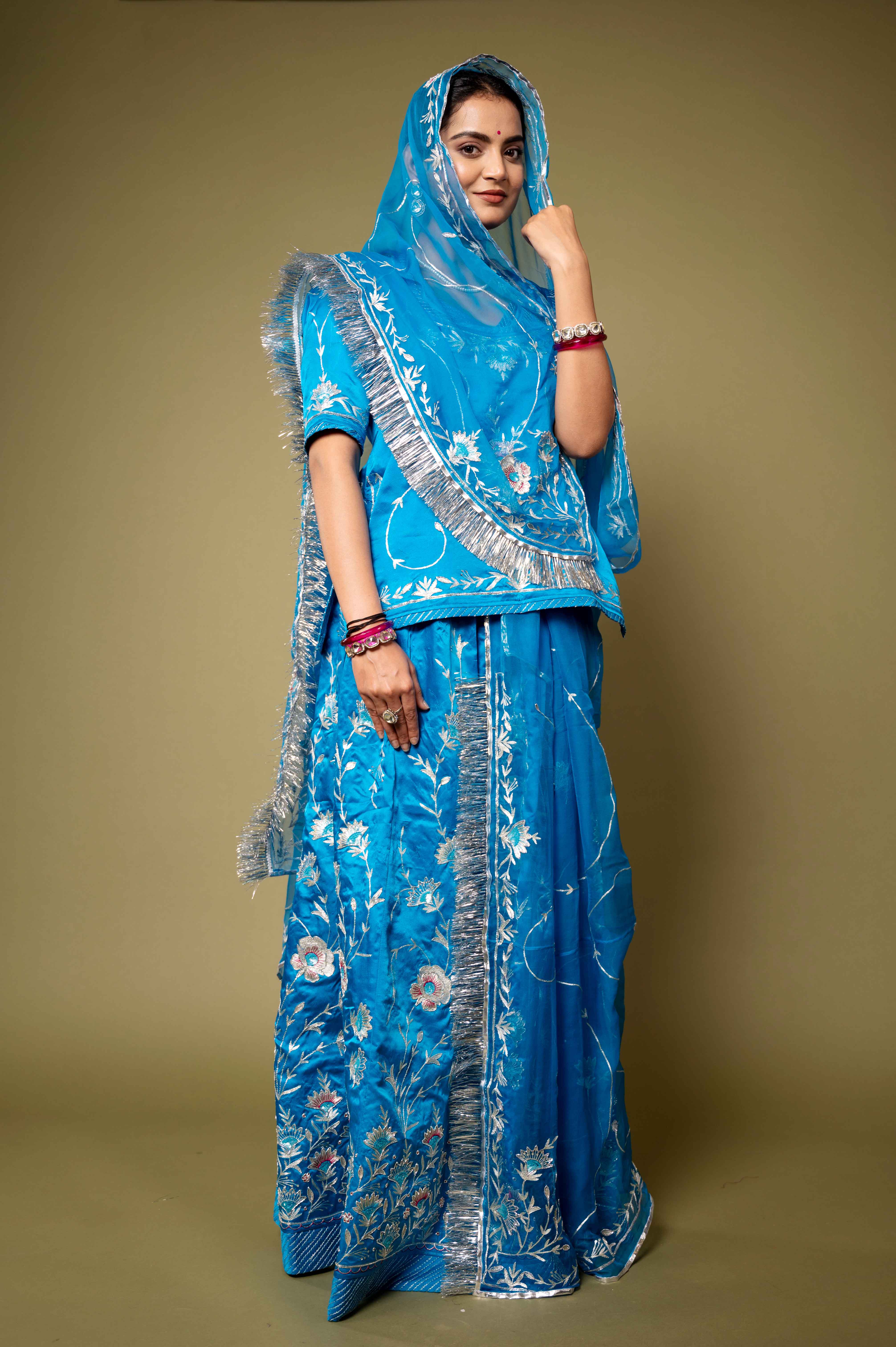 Blue bamber satin aari sequins handwork rajputi Poshak with pure odhna
