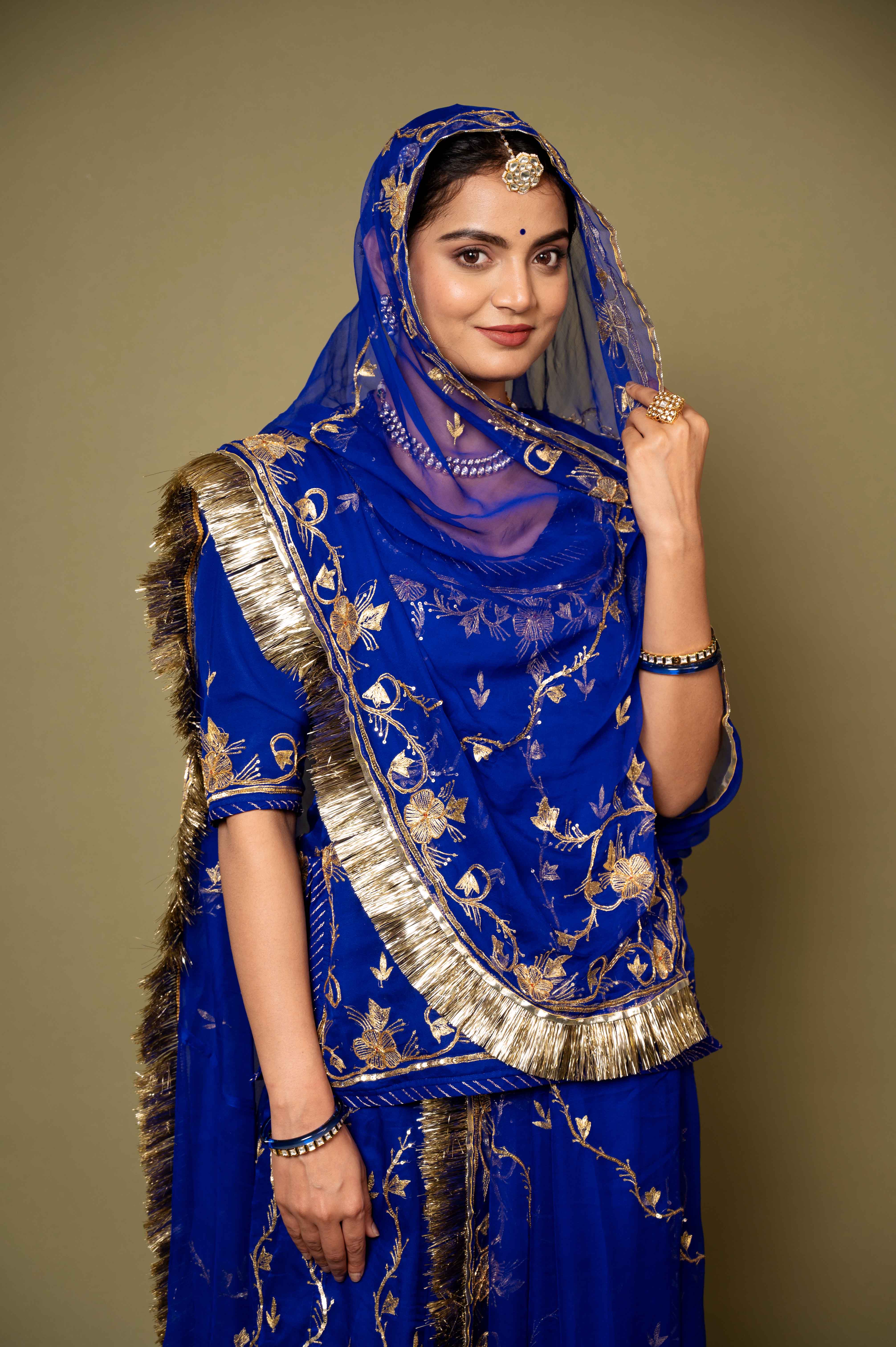 Royal Blue bamber satin aari zardozi handwork rajputi Poshak with pure odhna