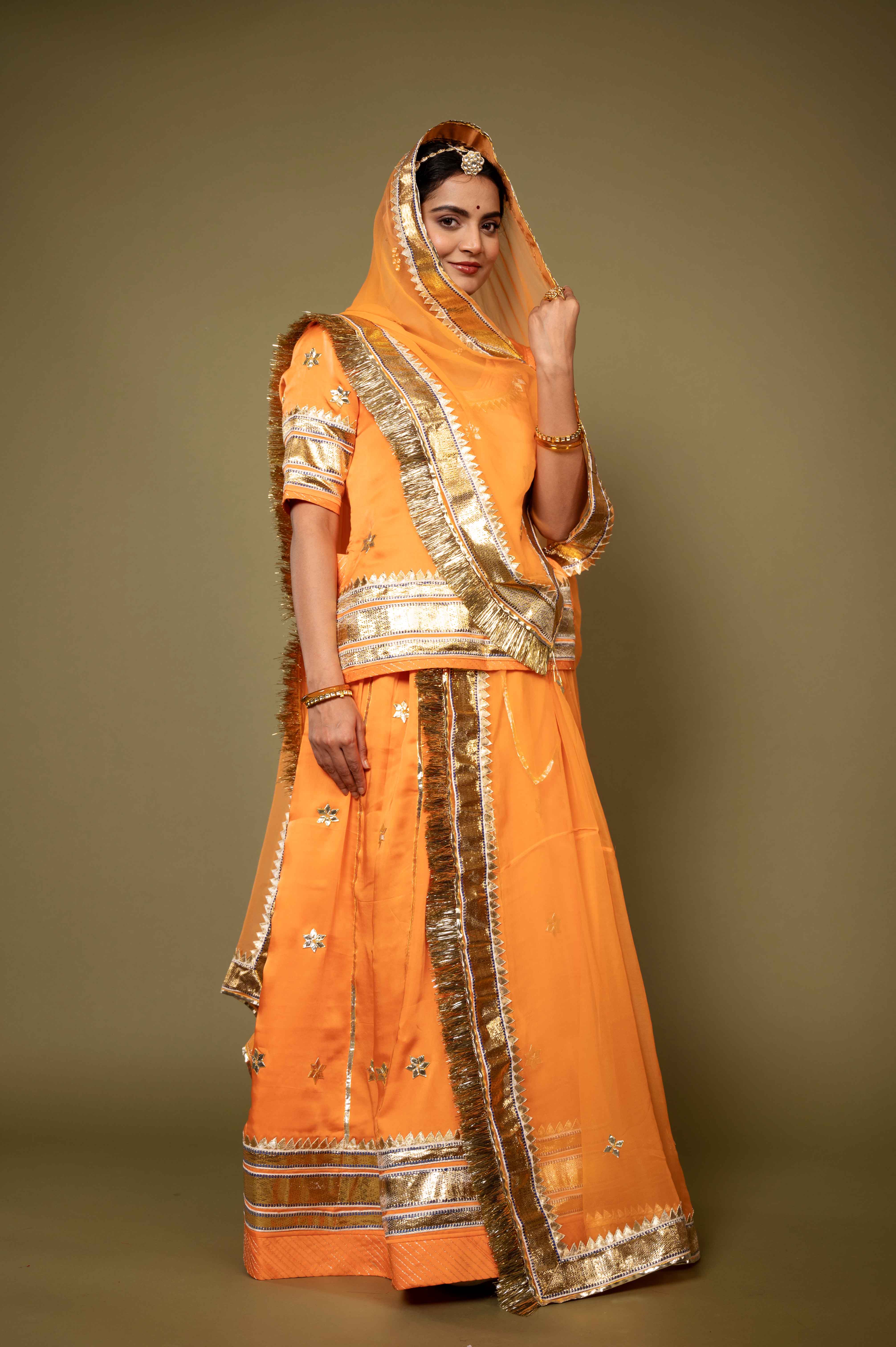 orange bamber satin gotta patti laffa handwork rajputi Poshak with pure odhna