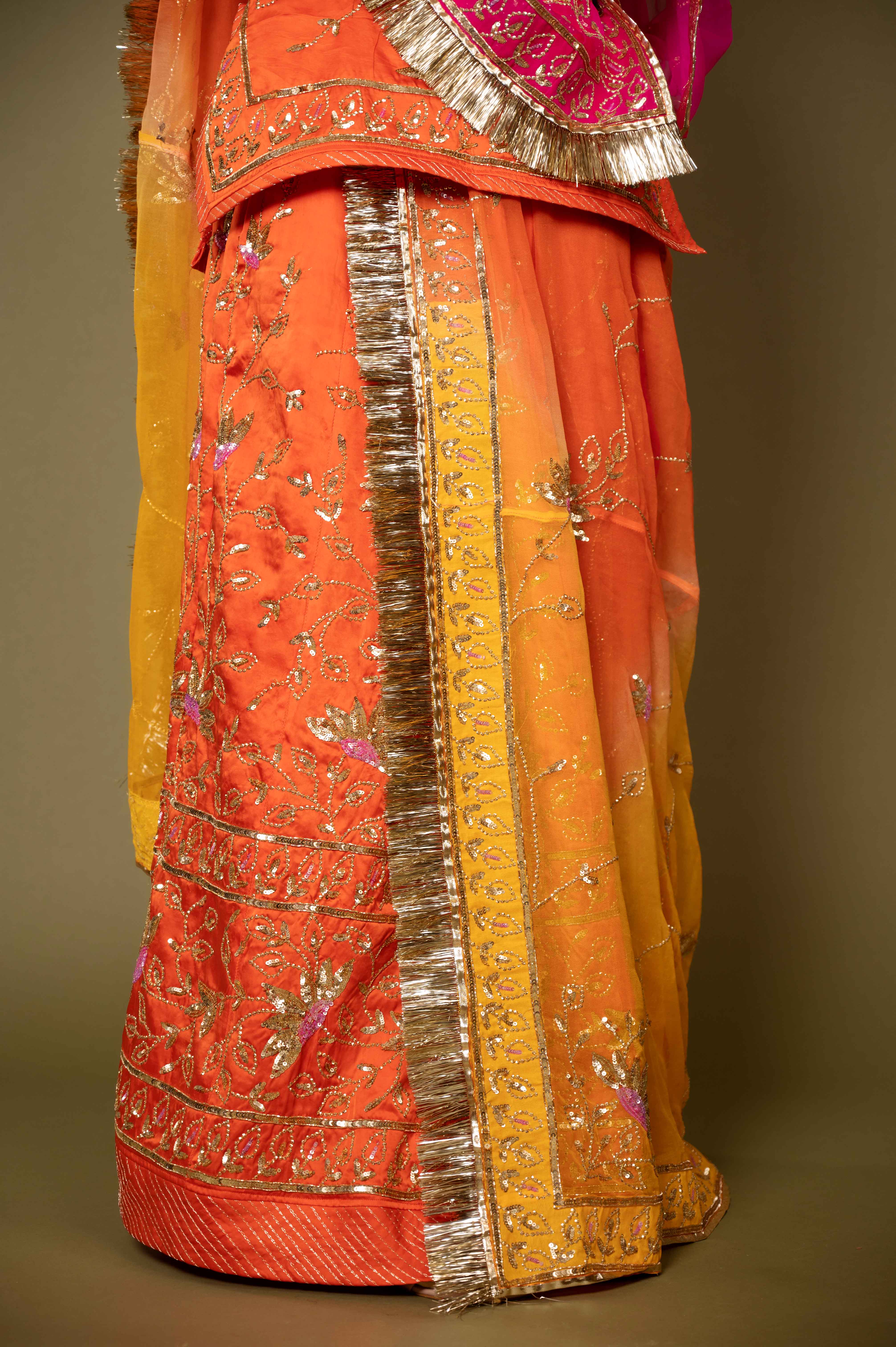 orange bamber satin aari katori handwork rajputi Poshak with pure odhna