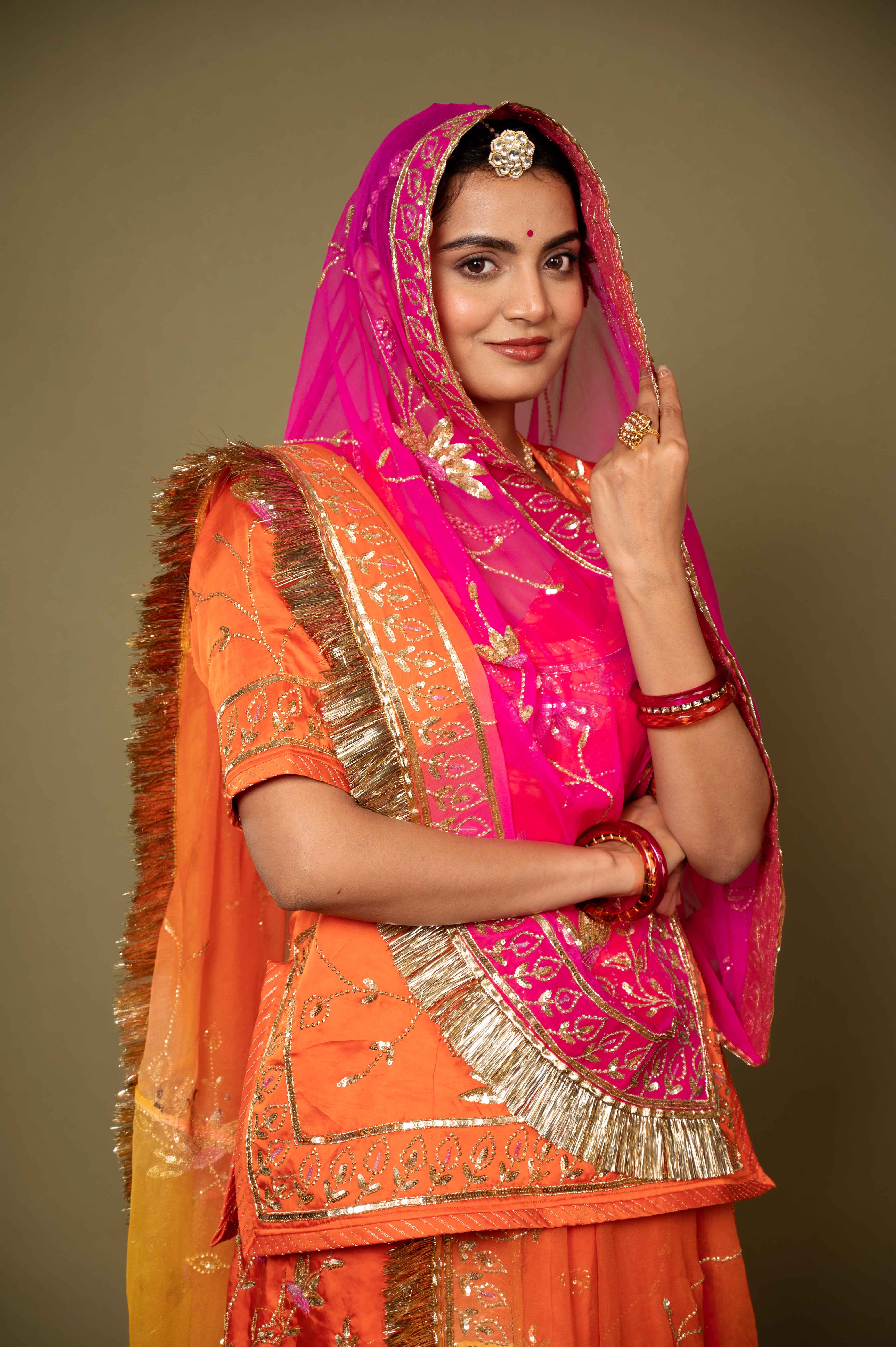 orange bamber satin aari katori handwork rajputi Poshak with pure odhna