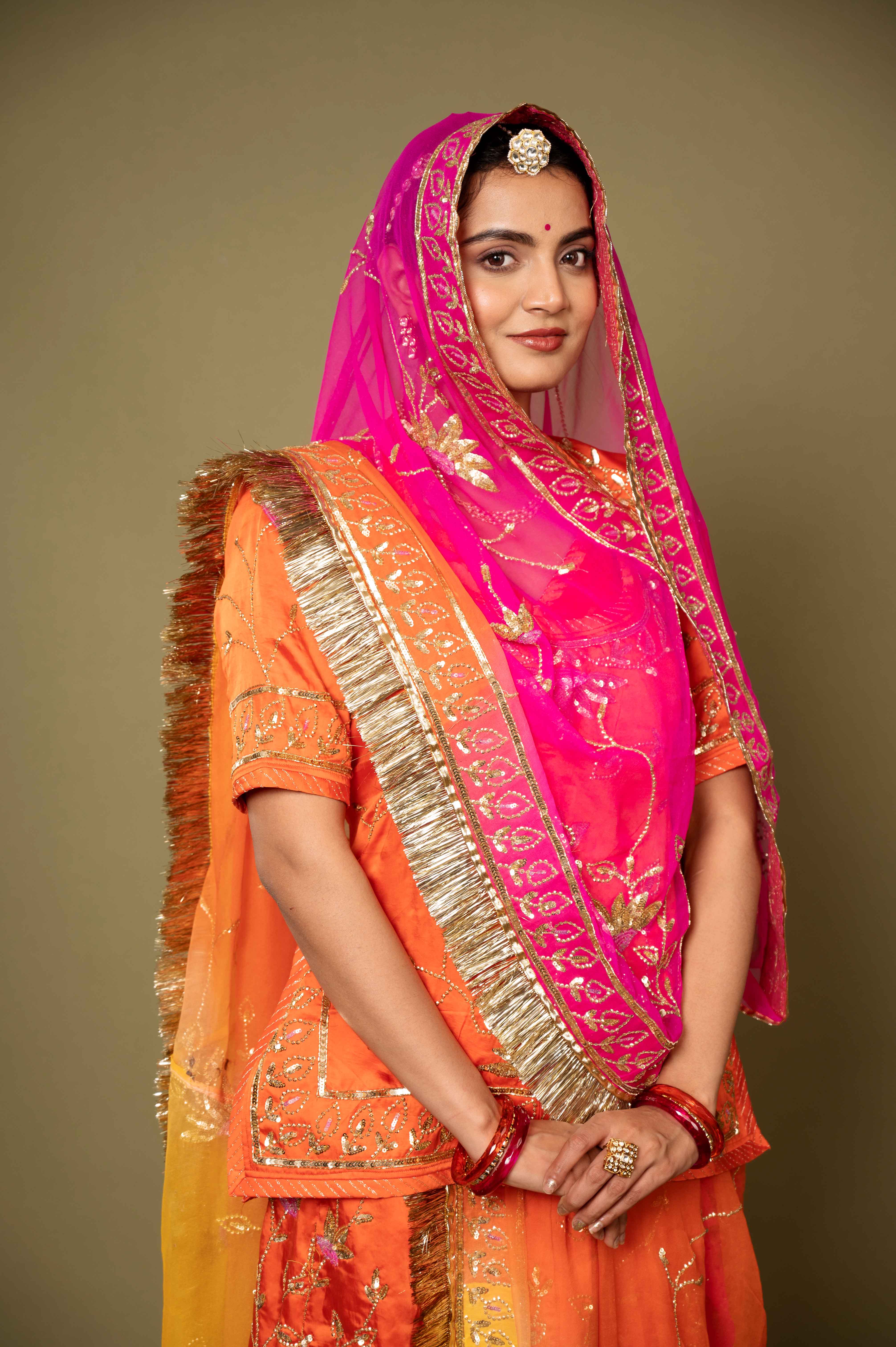 orange bamber satin aari katori handwork rajputi Poshak with pure odhna