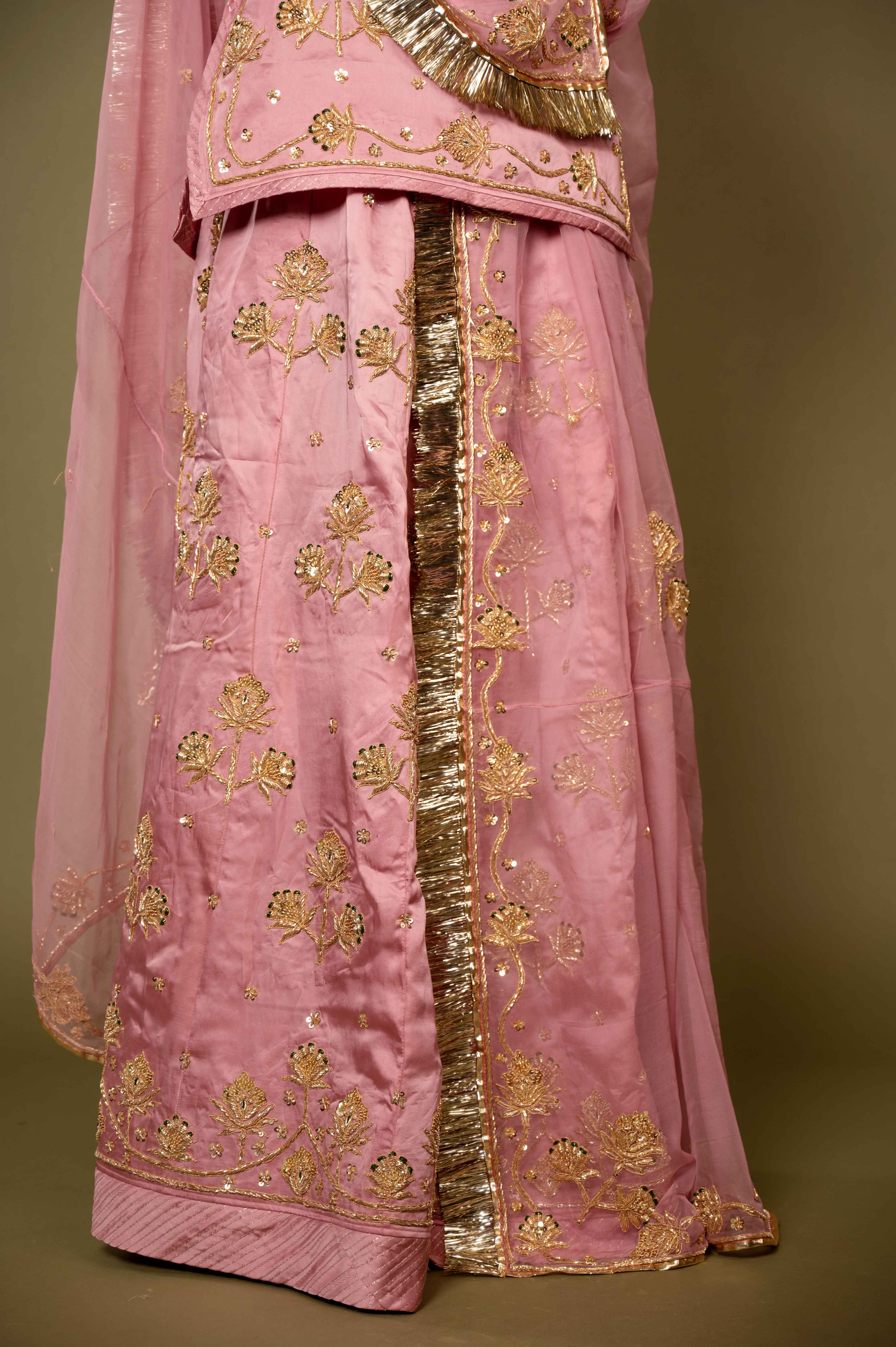 pink bamber satin zardozi handwork rajputi Poshak with pure odhna