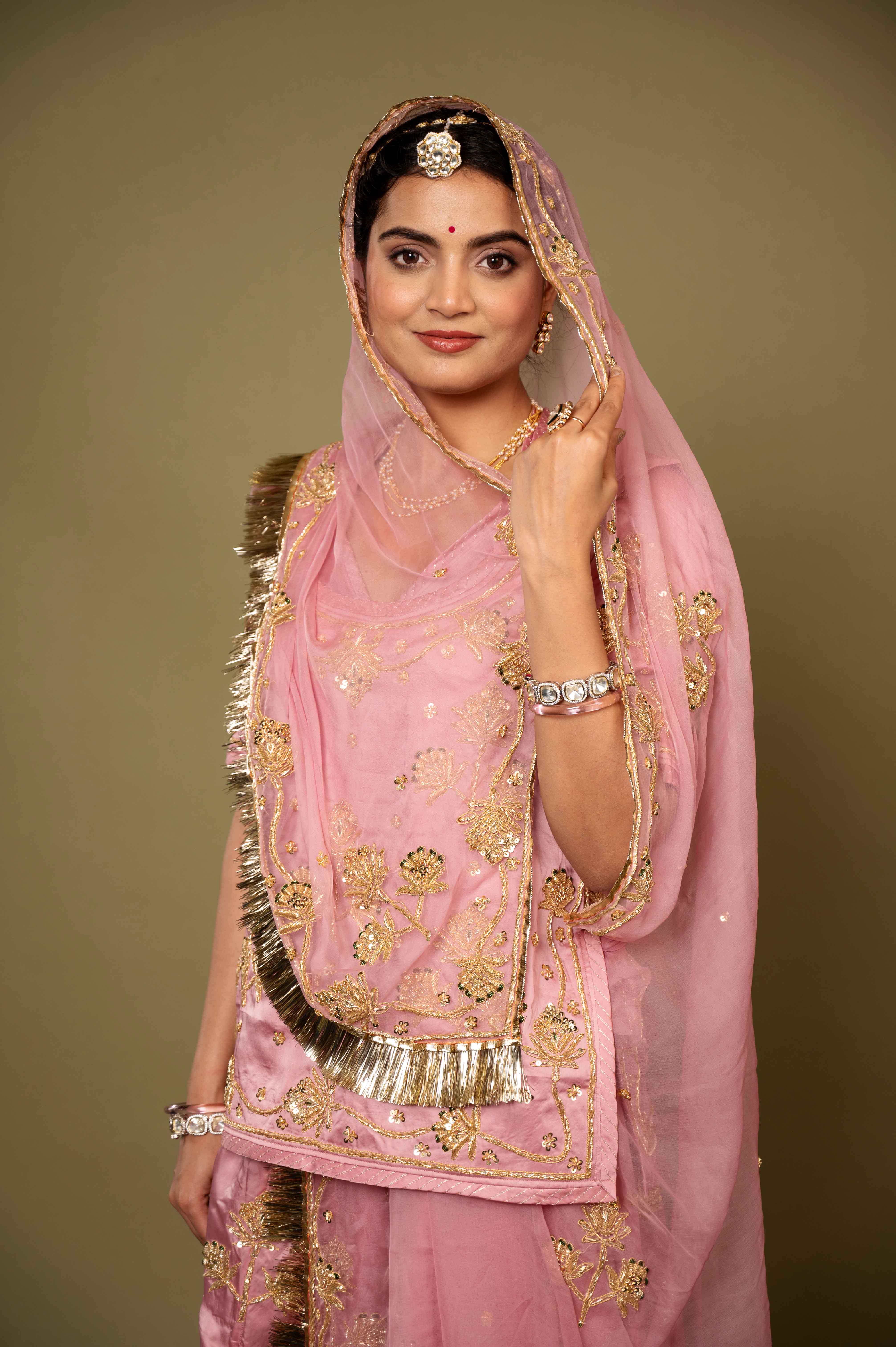 pink bamber satin zardozi handwork rajputi Poshak with pure odhna