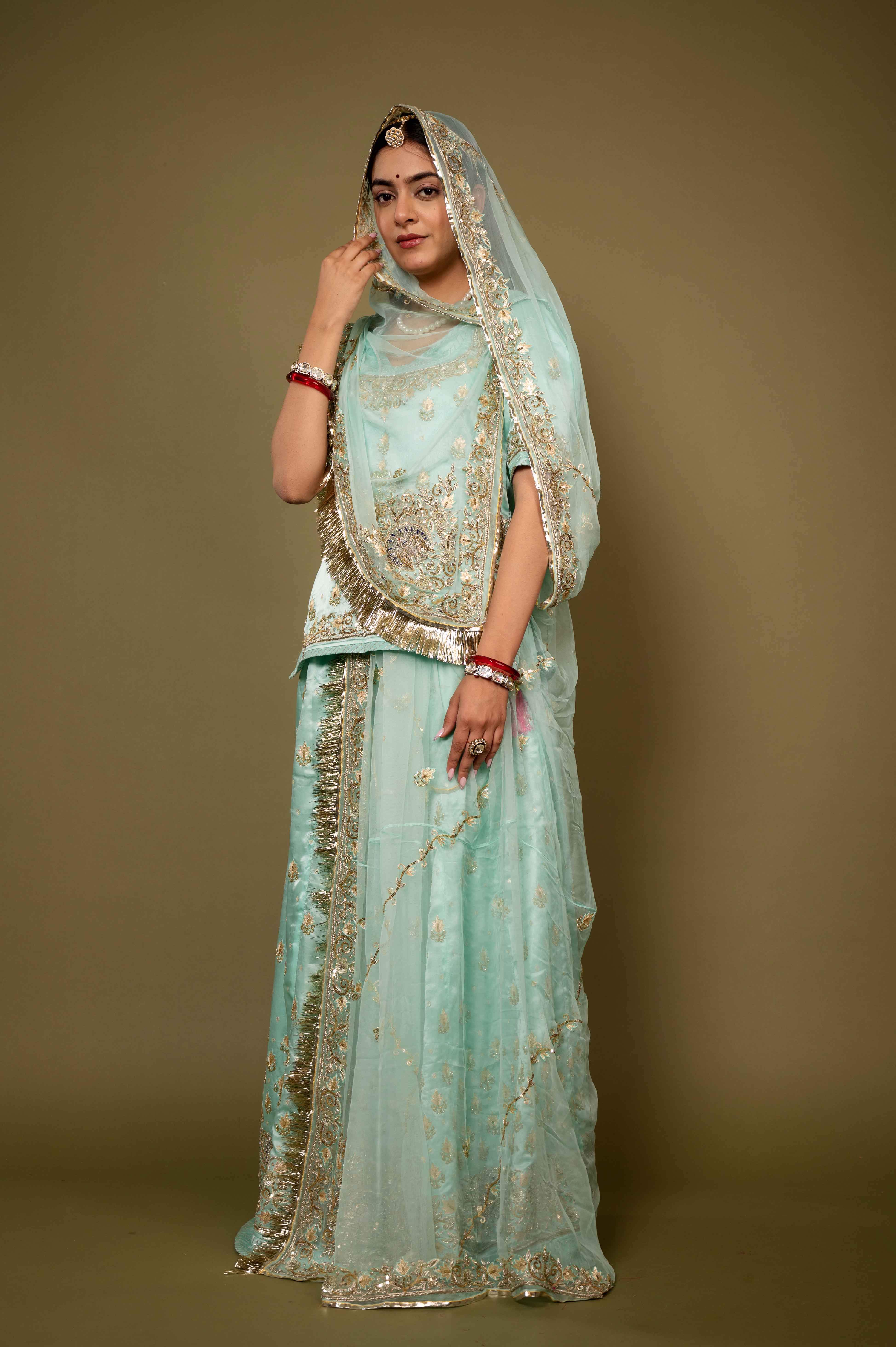 aqua pure satin zardozi handwork rajputi Poshak with pure odhna