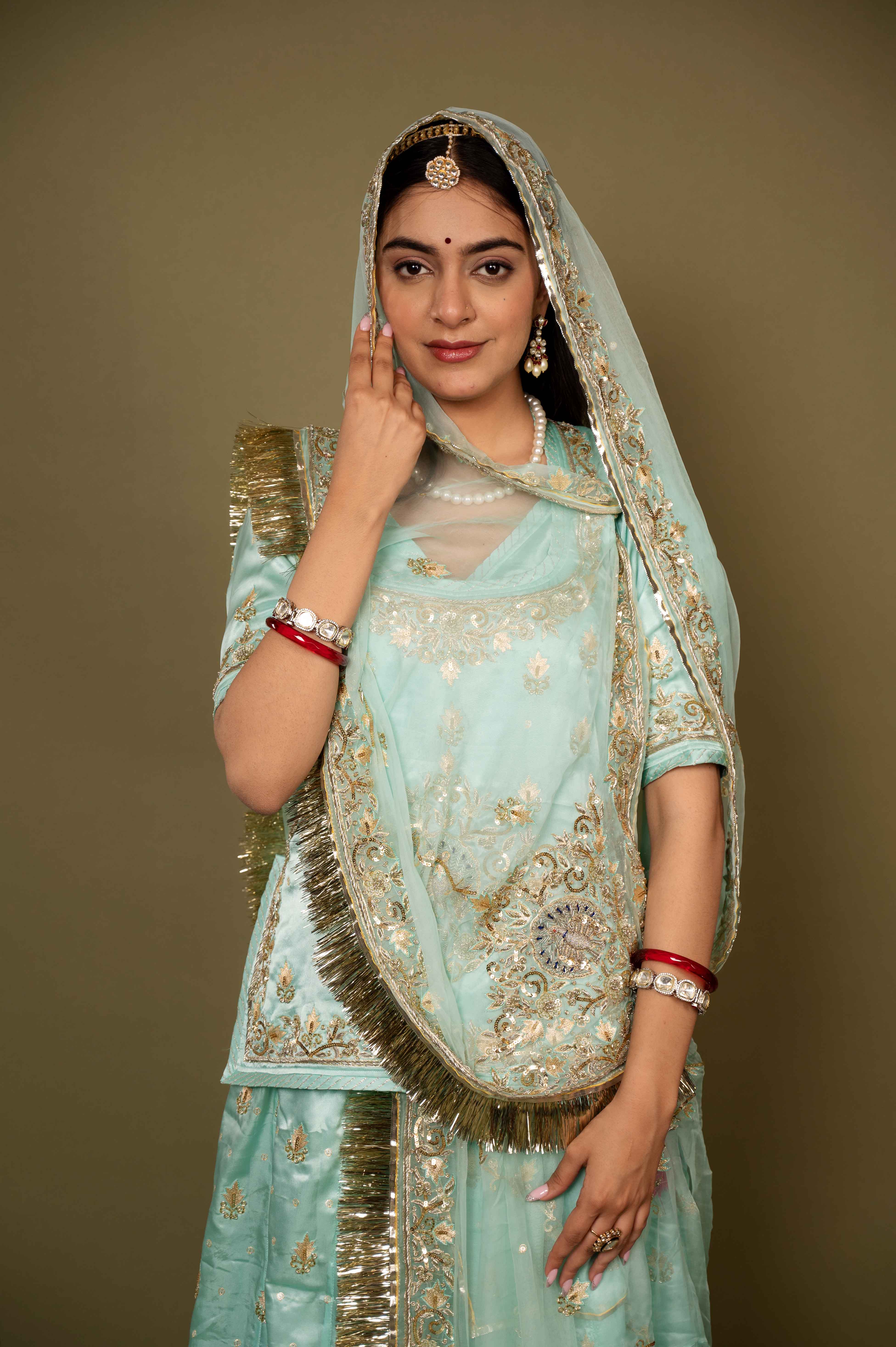 aqua pure satin zardozi handwork rajputi Poshak with pure odhna