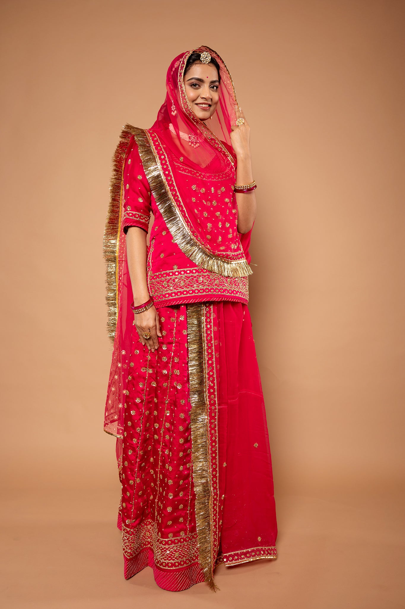 Cherry Red bamber satin zardozi handwork rajputi Poshak with pure odhna